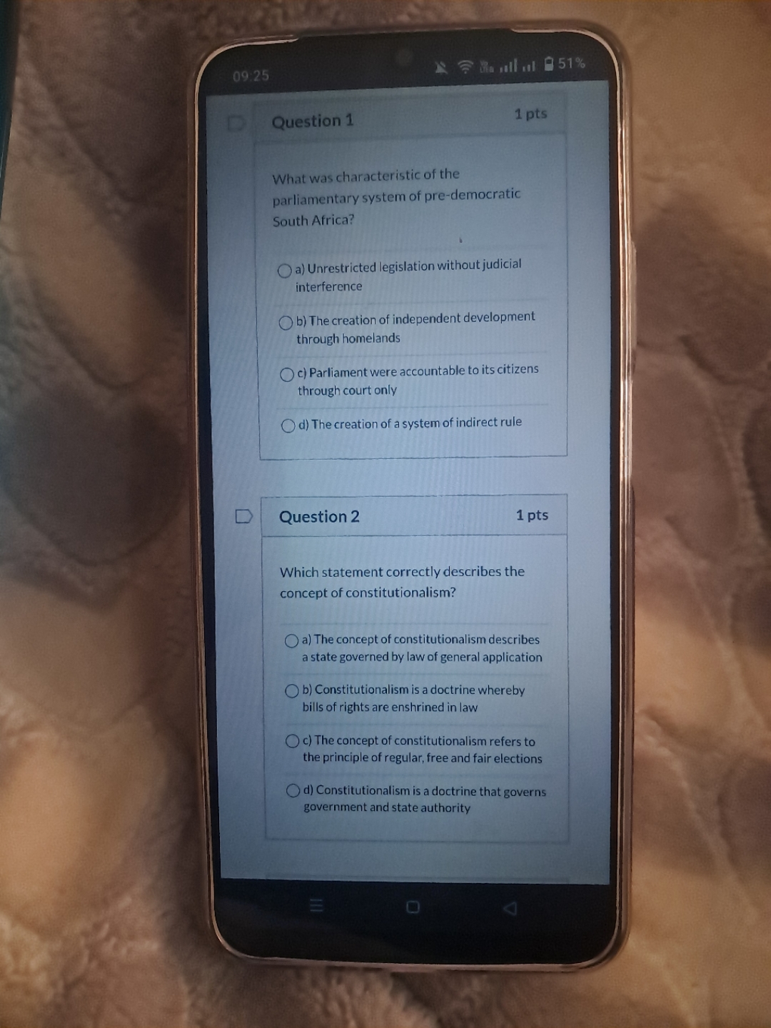 09:25 ? Ra all at 51% Question 1 1 pts What was