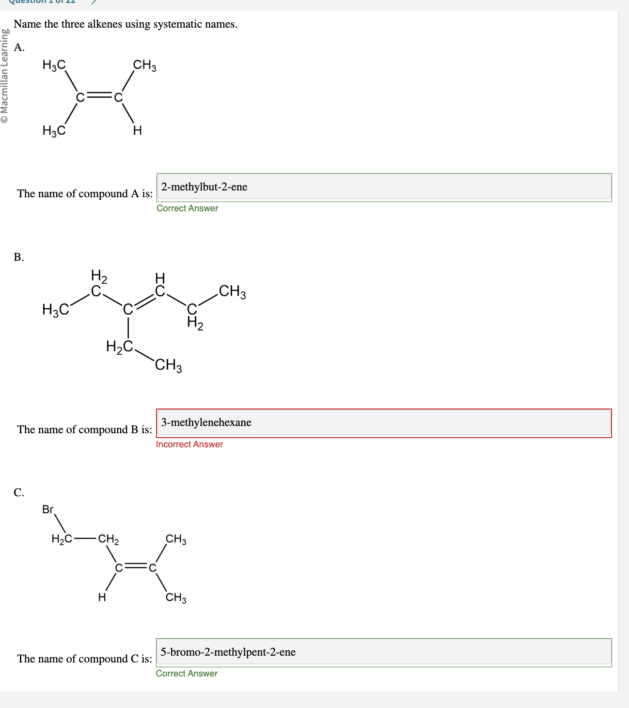 Name the three alkenes using systematic names. A.
