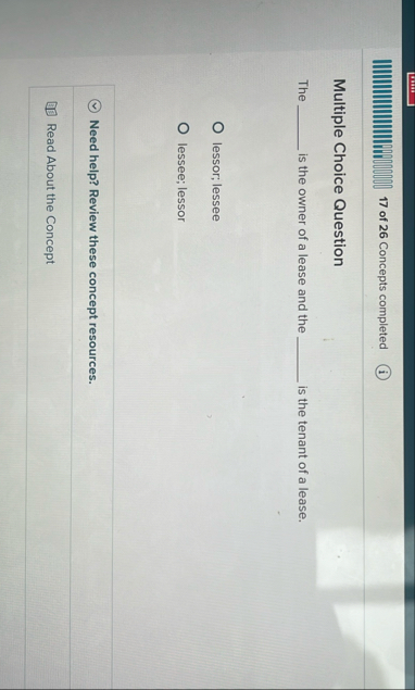 1 7 of 2 6 Concepts completed Multiple Choice