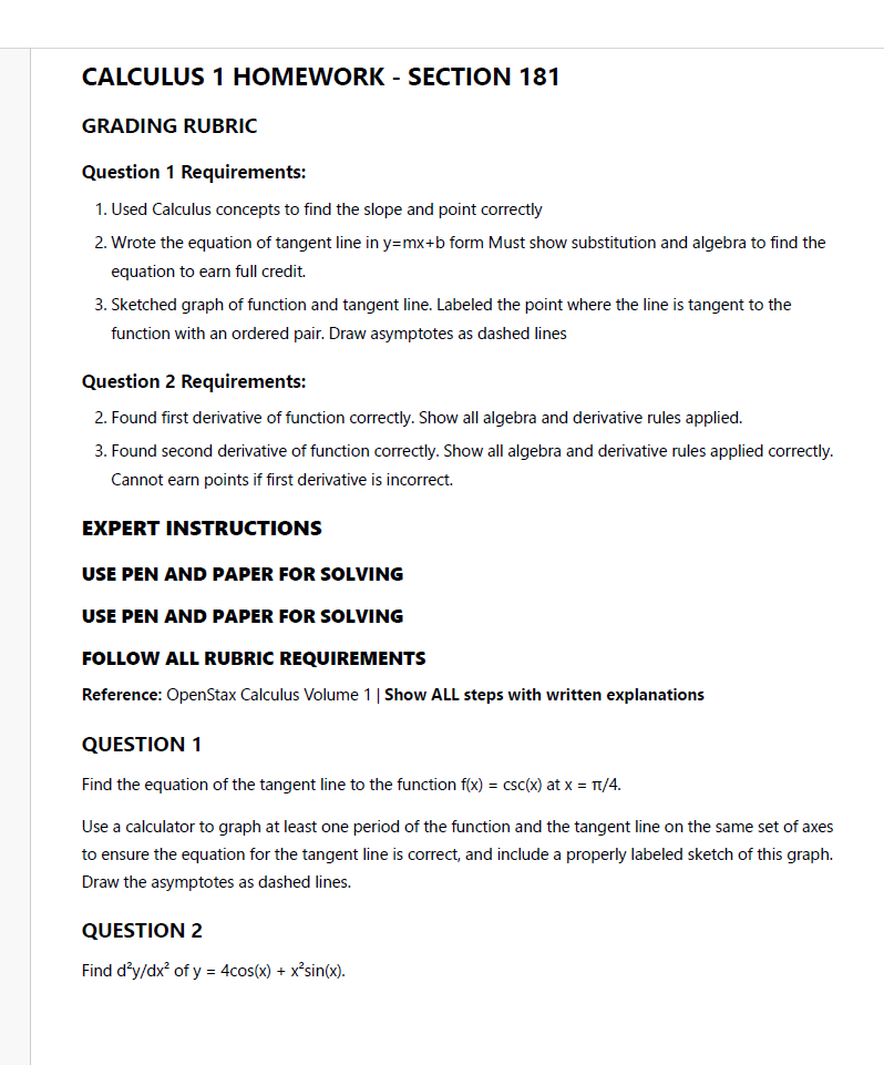 CALCULUS 1 HOMEWORK - SECTION 181 GRADING RUBRIC
