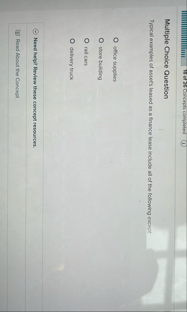 1 8 of 2 6 Concepts completed Multiple Choice