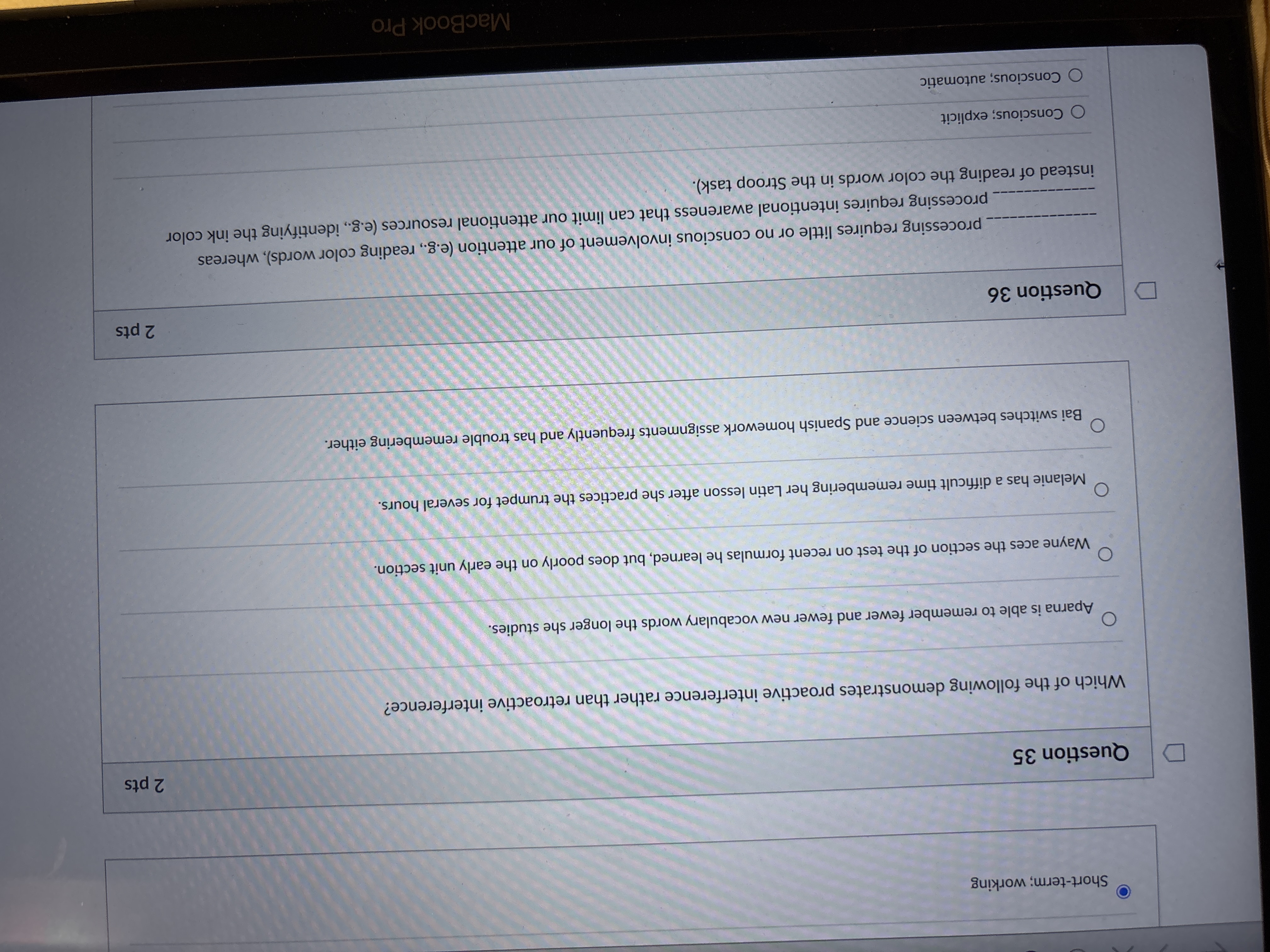 answer O Short-term; working D Question 35 2 pts