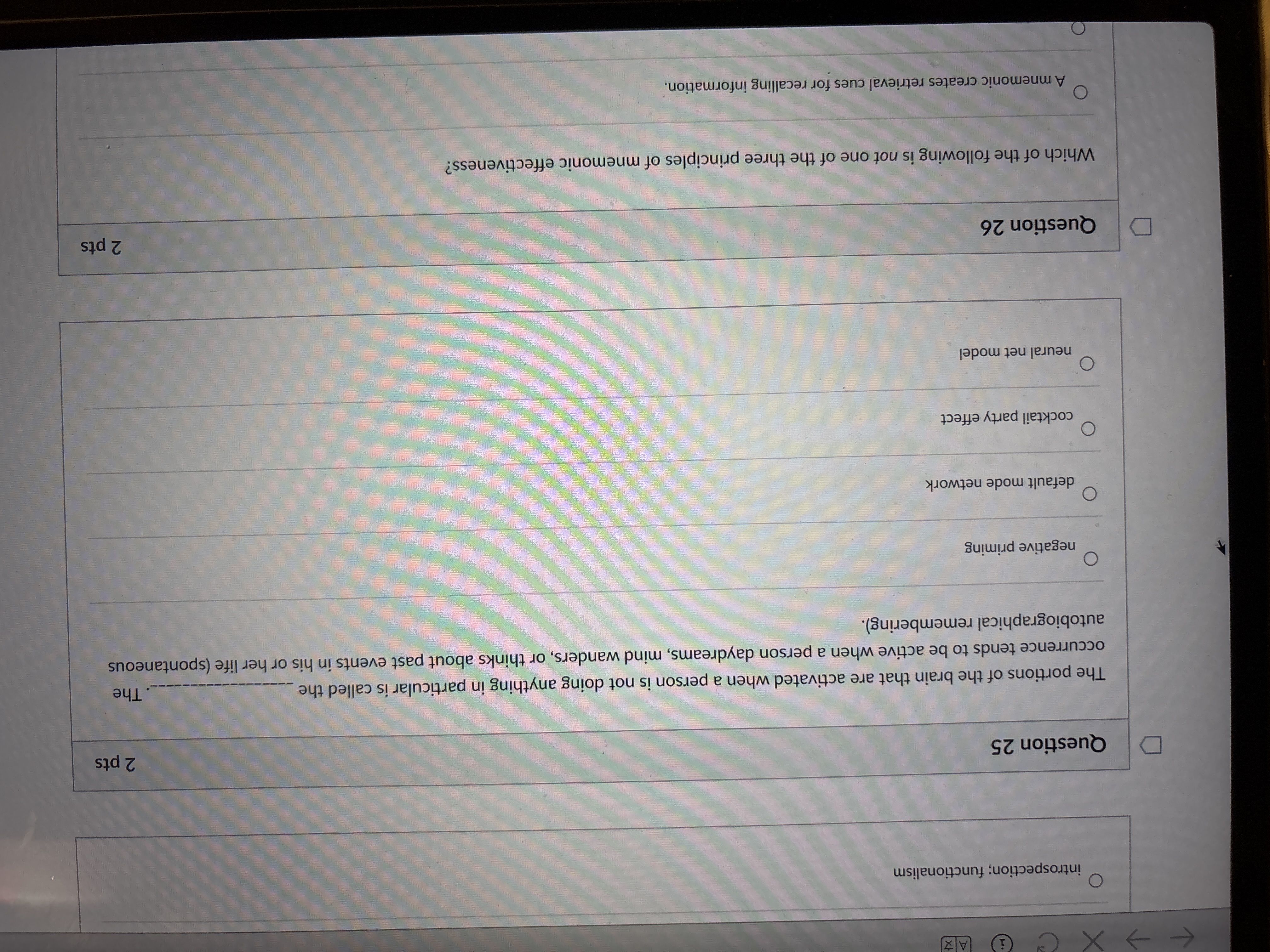 answer X 1 A X O introspection; functionalism D