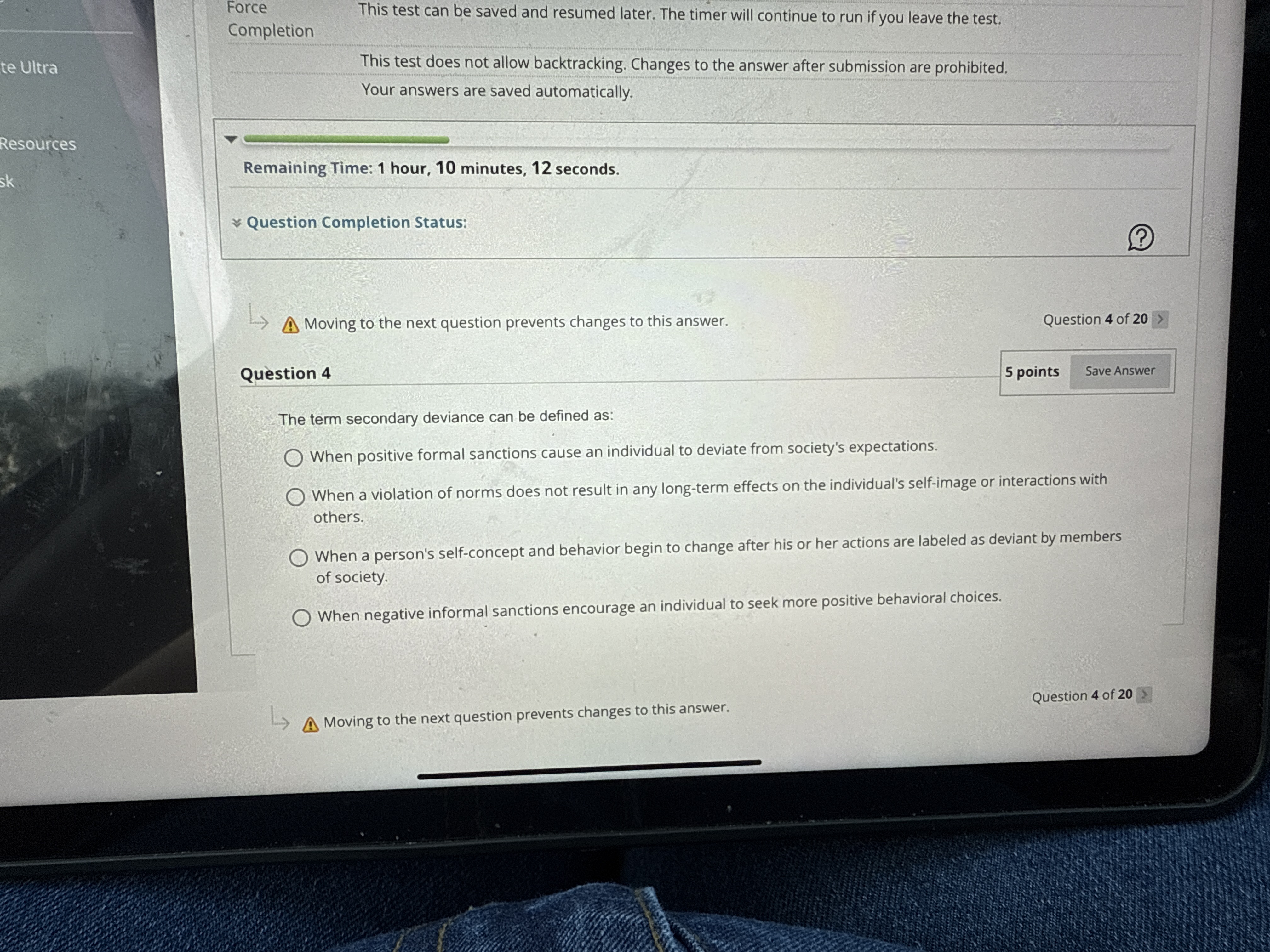 J Force Thi n his test can be saved and resumed