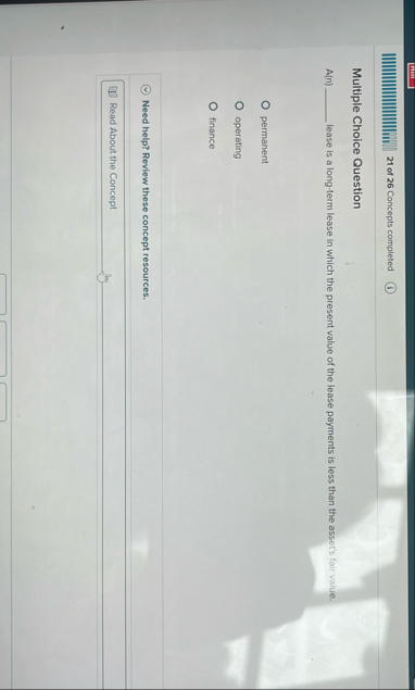 2 1 of 2 6 Concepts completed Multiple Choice