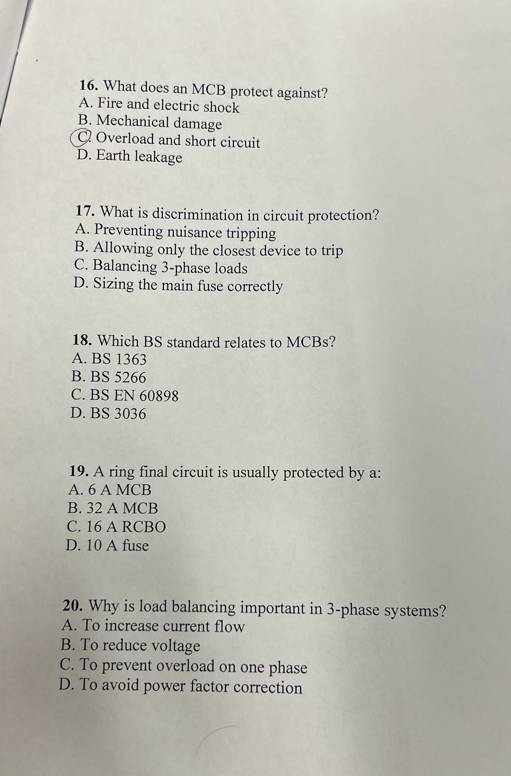 16. What does an MCB protect against? A. Fire and