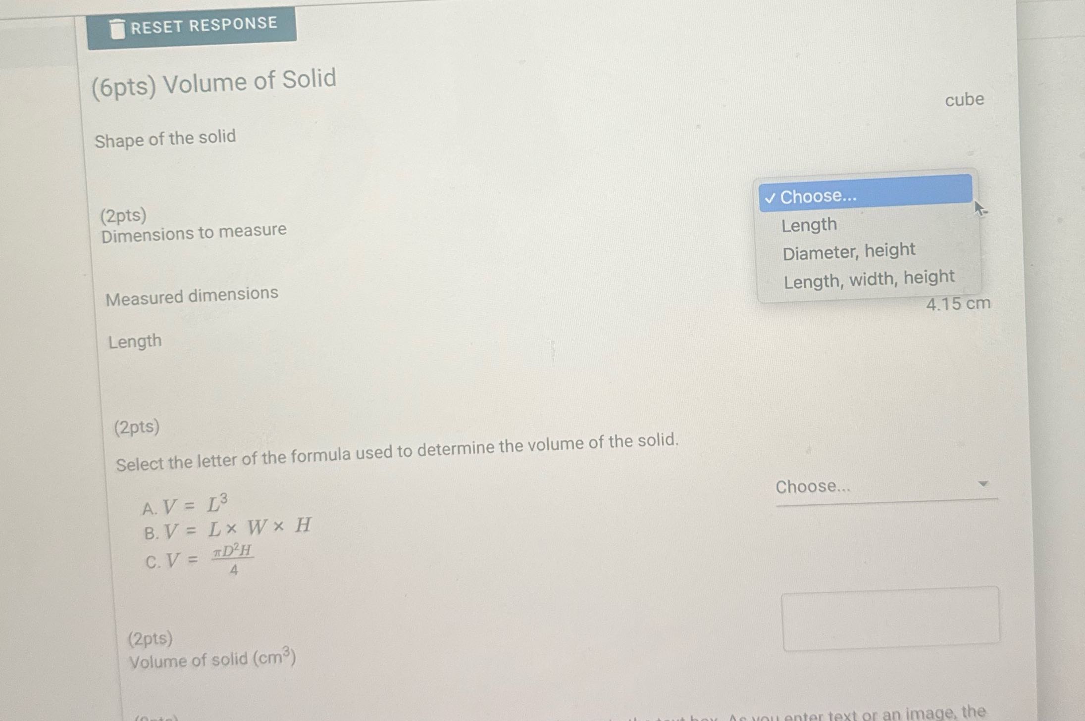 RESET RESPONSE (6pts) Volume of Solid Shape of