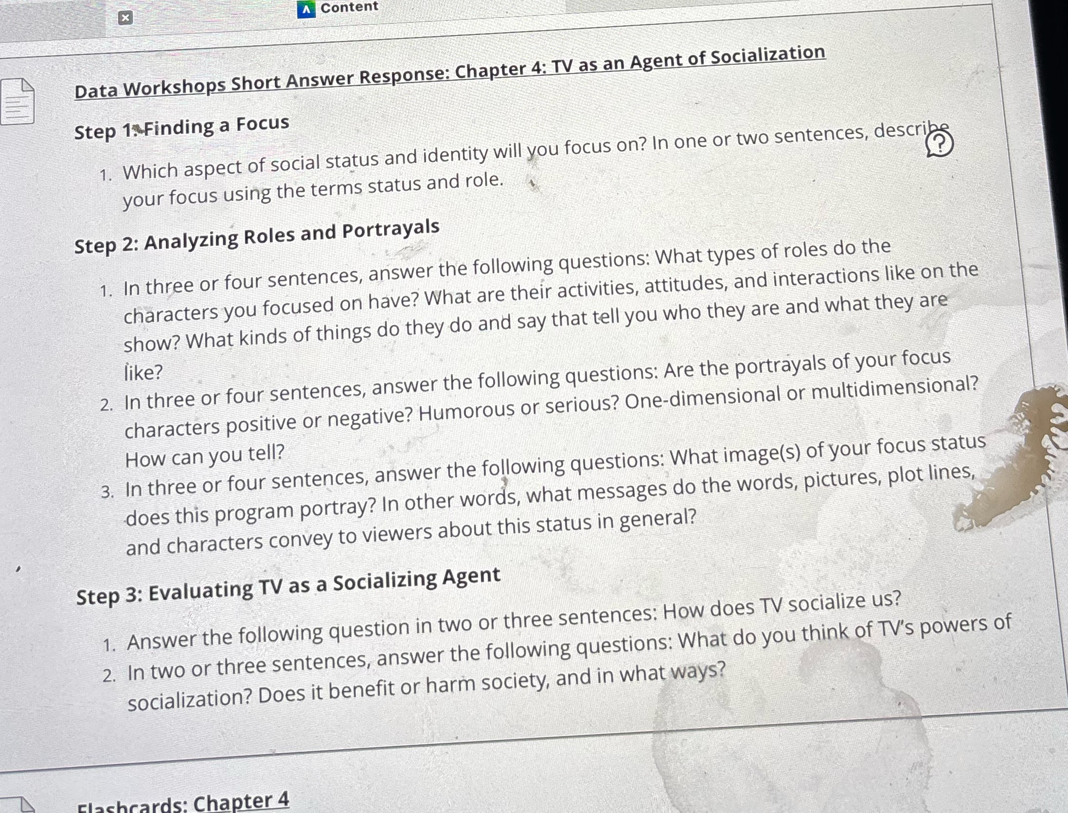 X A Content Data Workshops Short Answer Response: