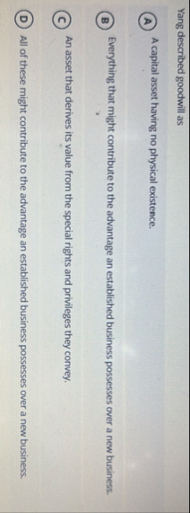 Yang described goodwill as A capital asset having