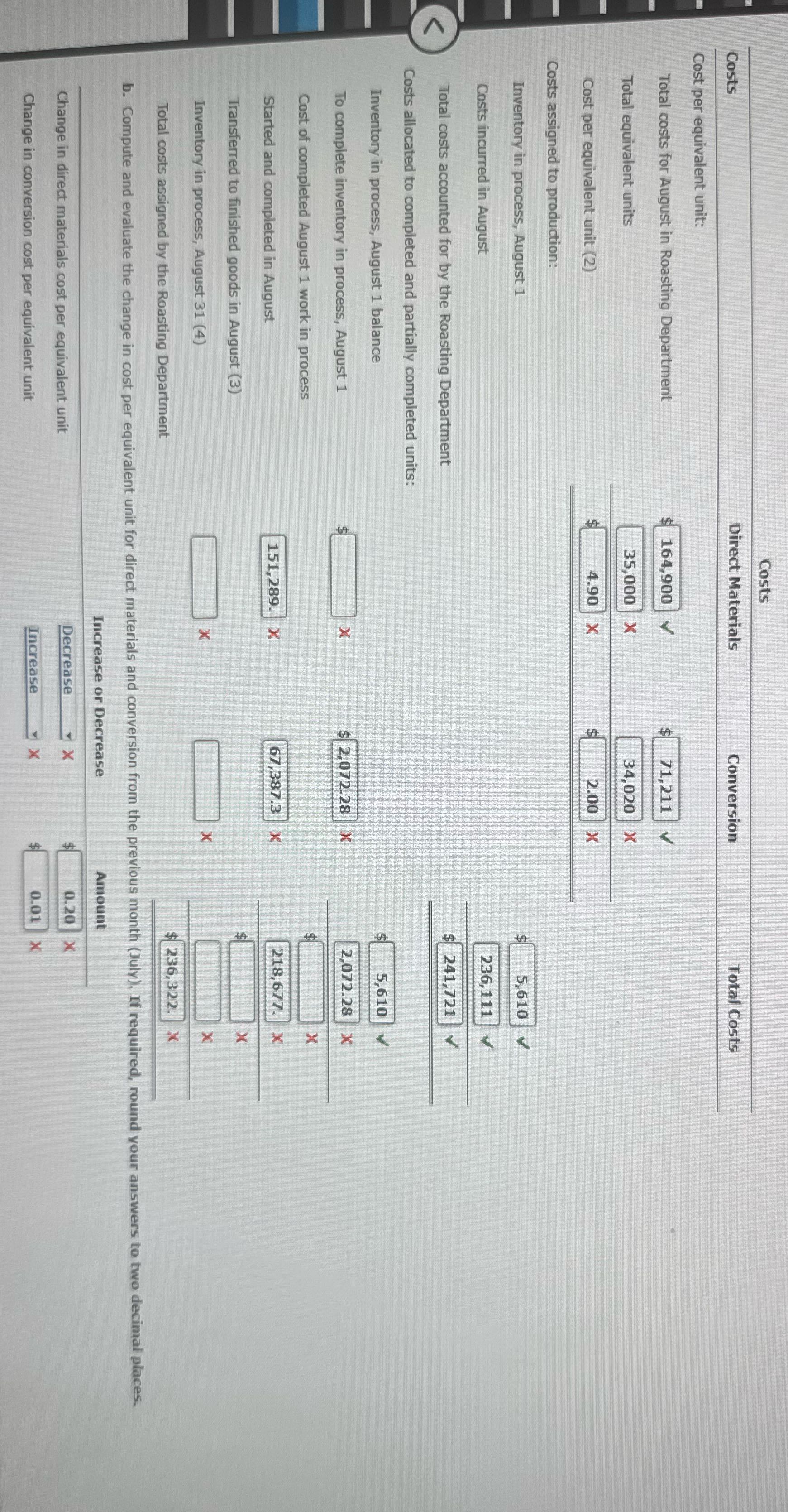Costs Costs Direct Materials Conversion Total