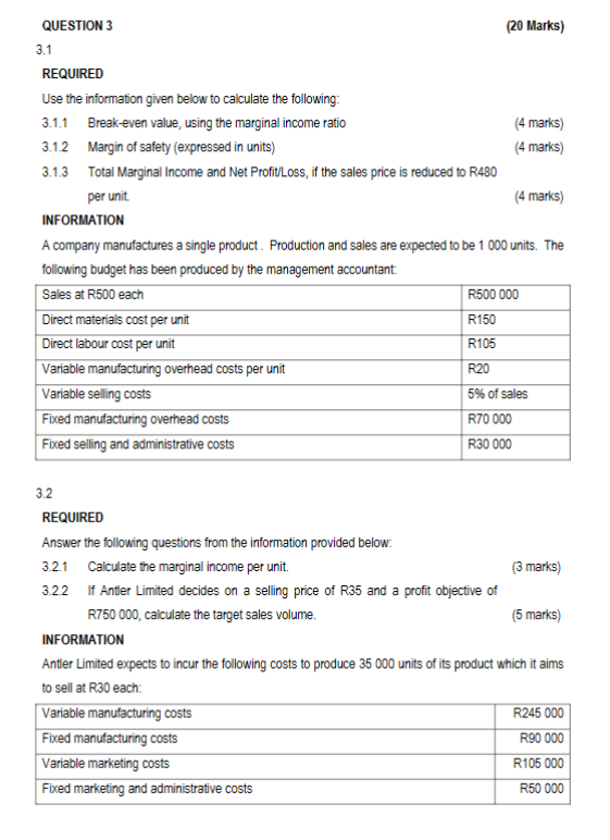 QUESTION 3 3 . 1 REQUIRED Use the information