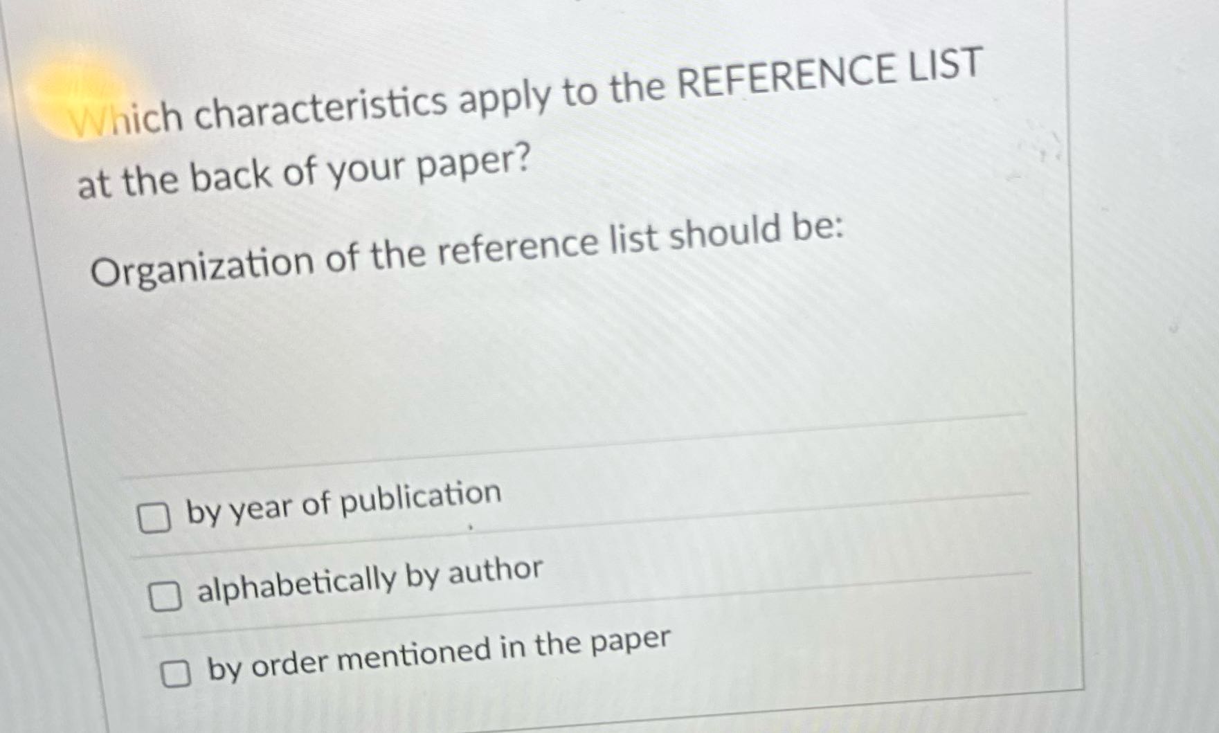 Which characteristics apply to the REFERENCE LIST