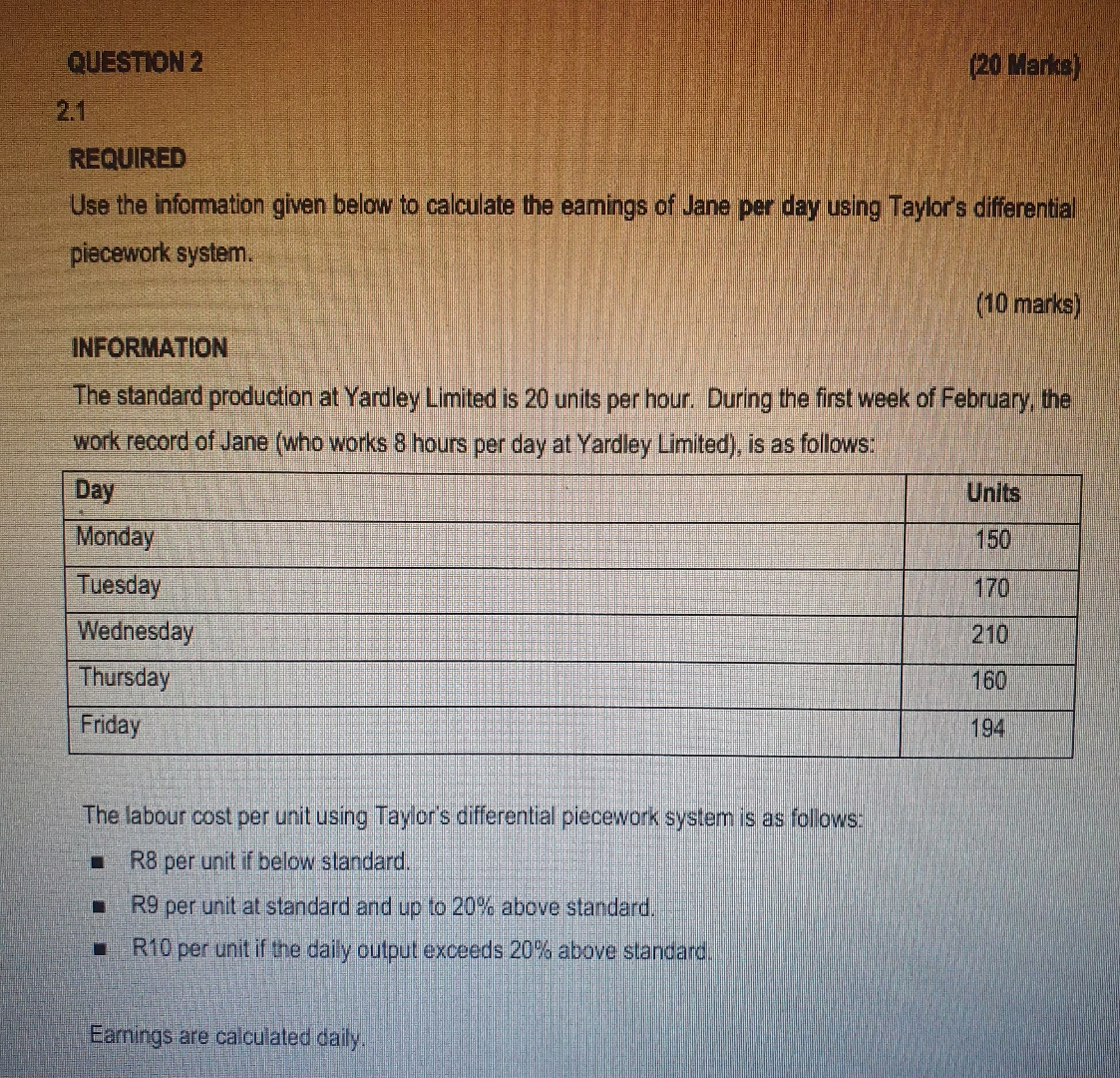 QUESTION 2 ( 2 0 Warks ) 2 . 1 REQUIRED Use the