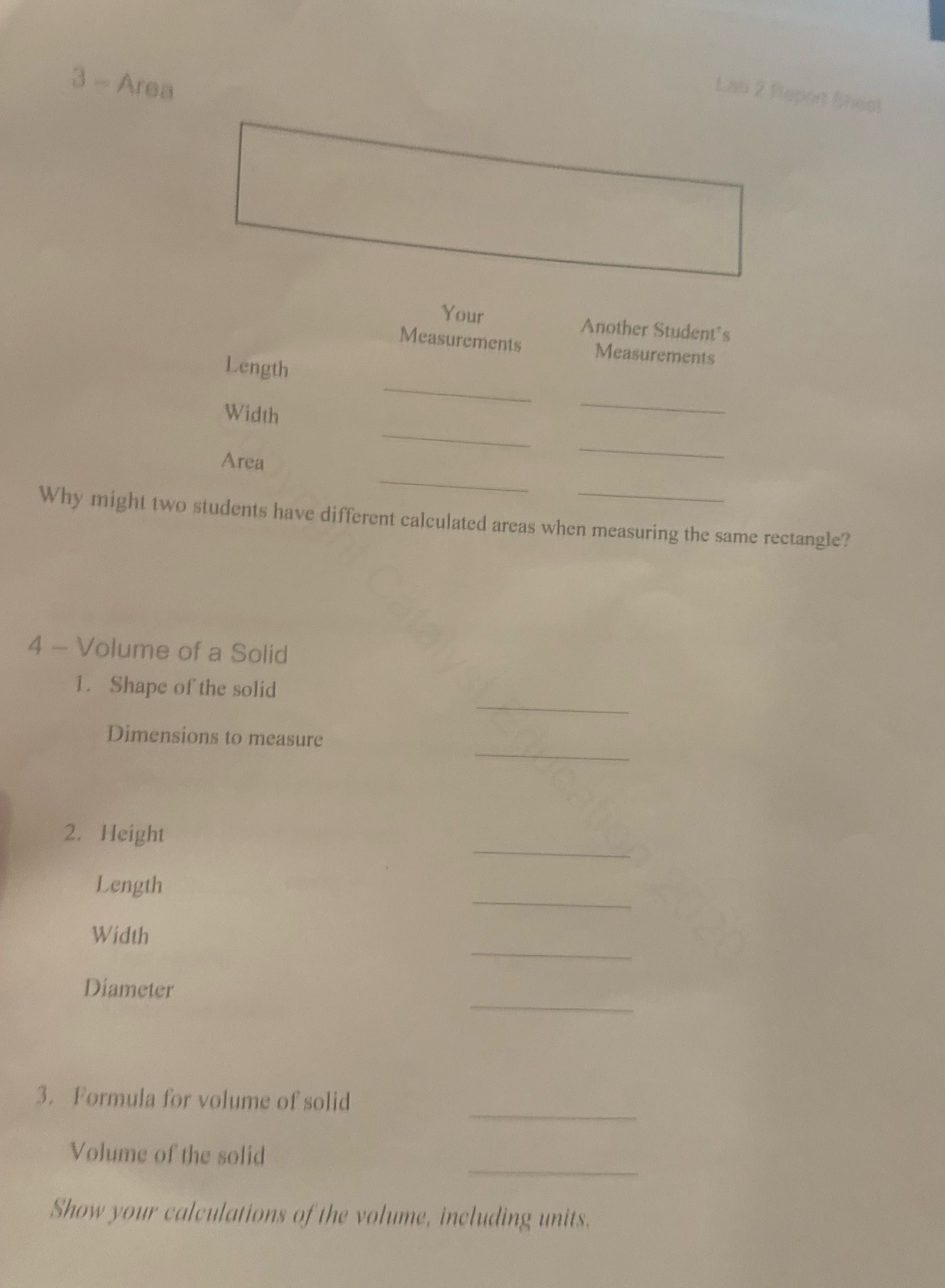 3 - Area Your Another Student's Measurements