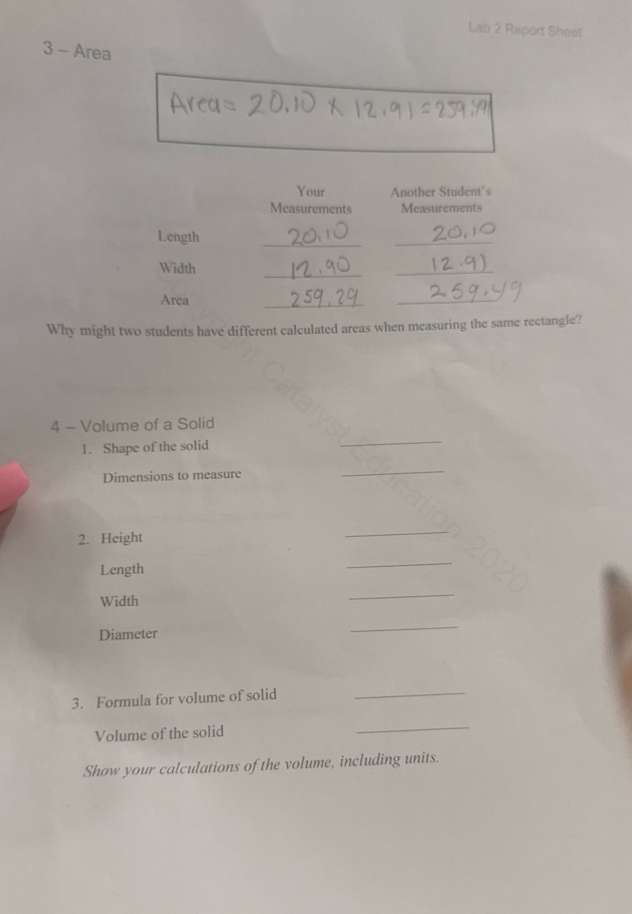 Continue Lab 2 Report Sheet 3 - Area Areas 20.10