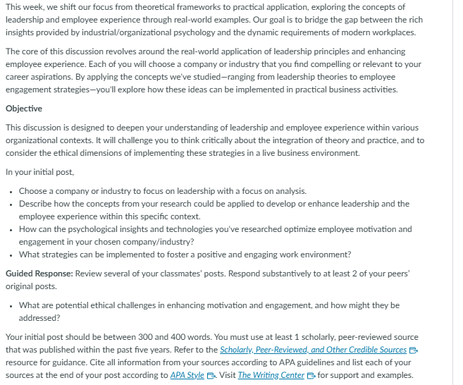 Please write a 300 word discussion post and use