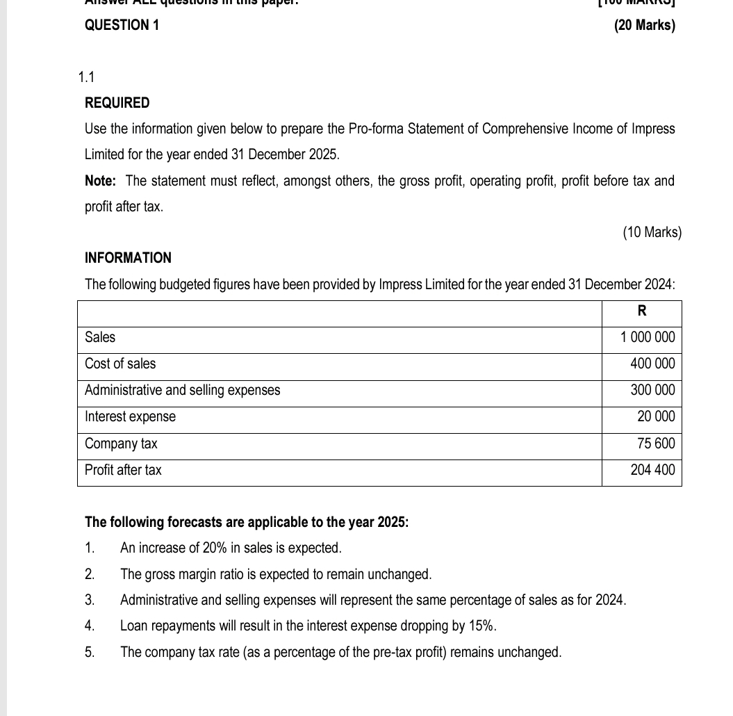 QUESTION 1 ( 2 0 Marks ) 1 . 1 REQUIRED Use the