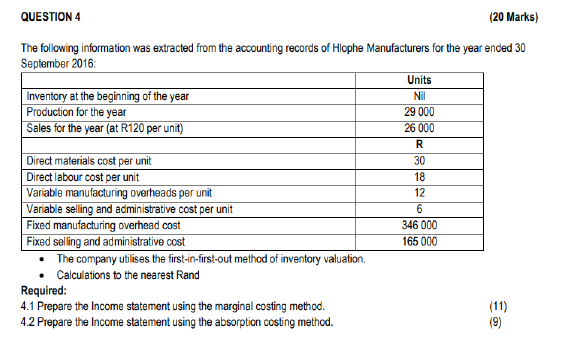 QUESTION 4 ( 2 0 Marks ) The following