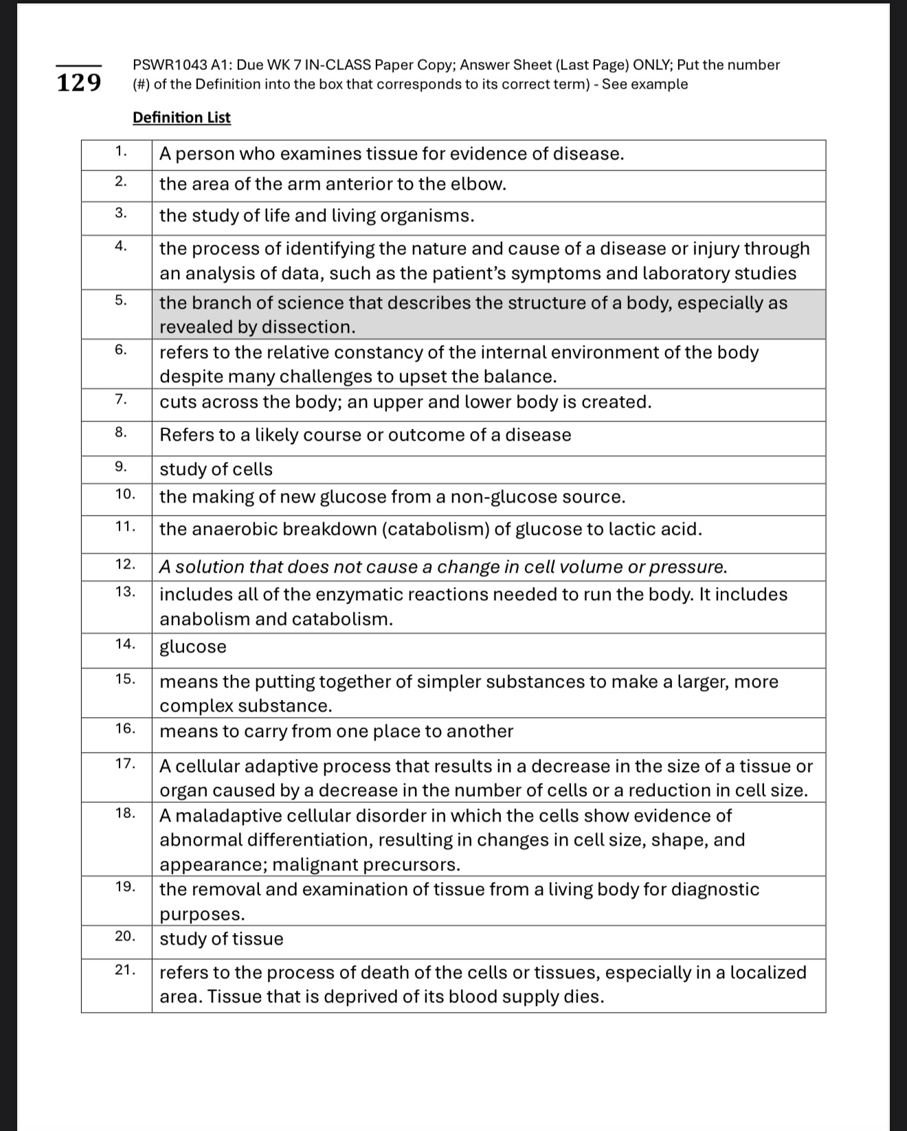 Answer PSWR1043 A1: Due WK 7 IN-CLASS Paper Copy;