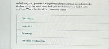 A client bought on apartment in a large building