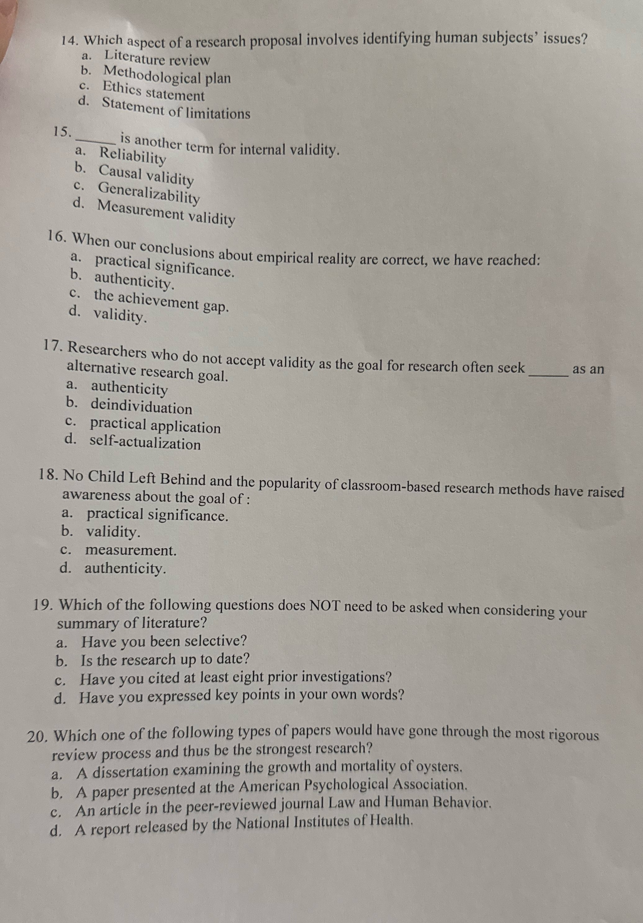 14. Which aspect of a research proposal involves