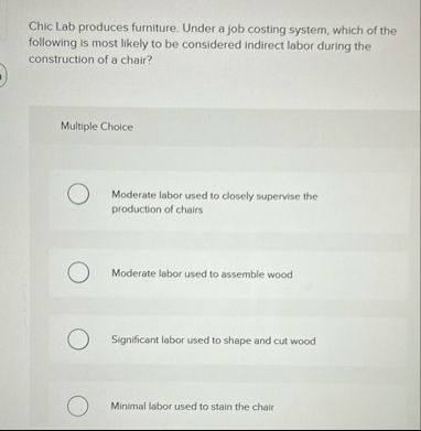 Chic Lab produces furniture. Under a job costing