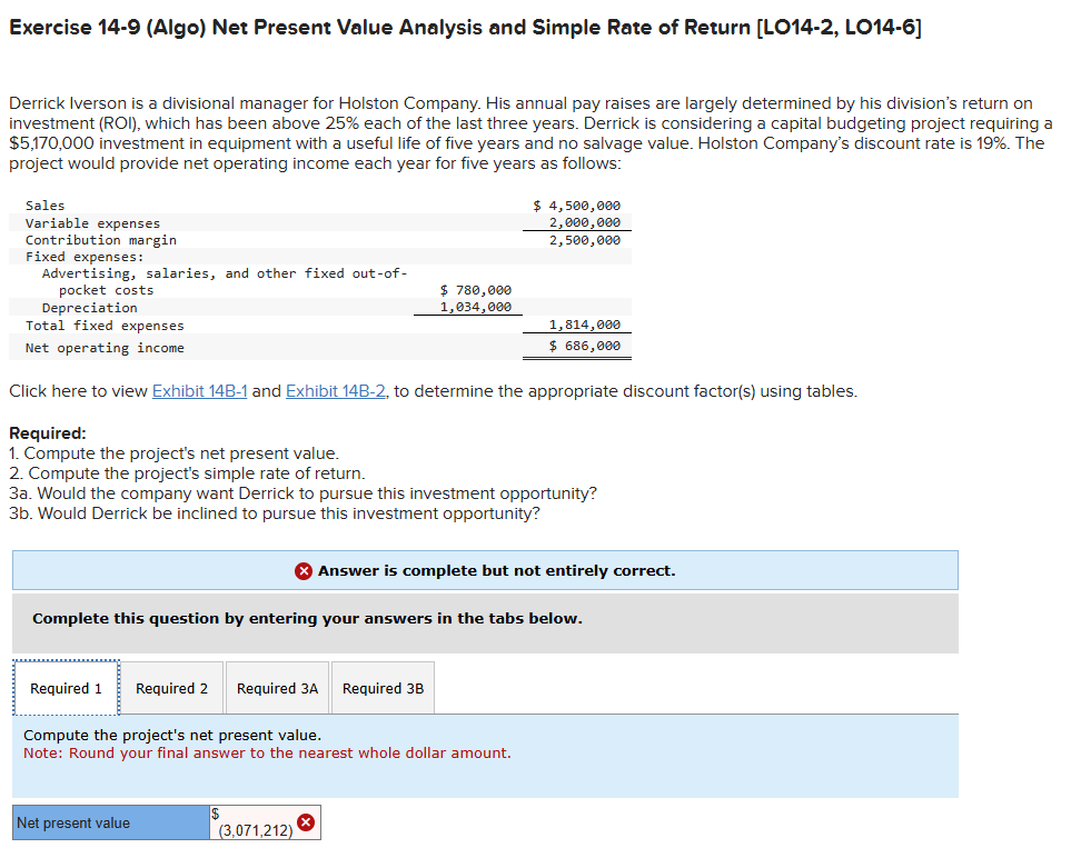 Exercise 14-9 (Algo) Net Present Value Analysis