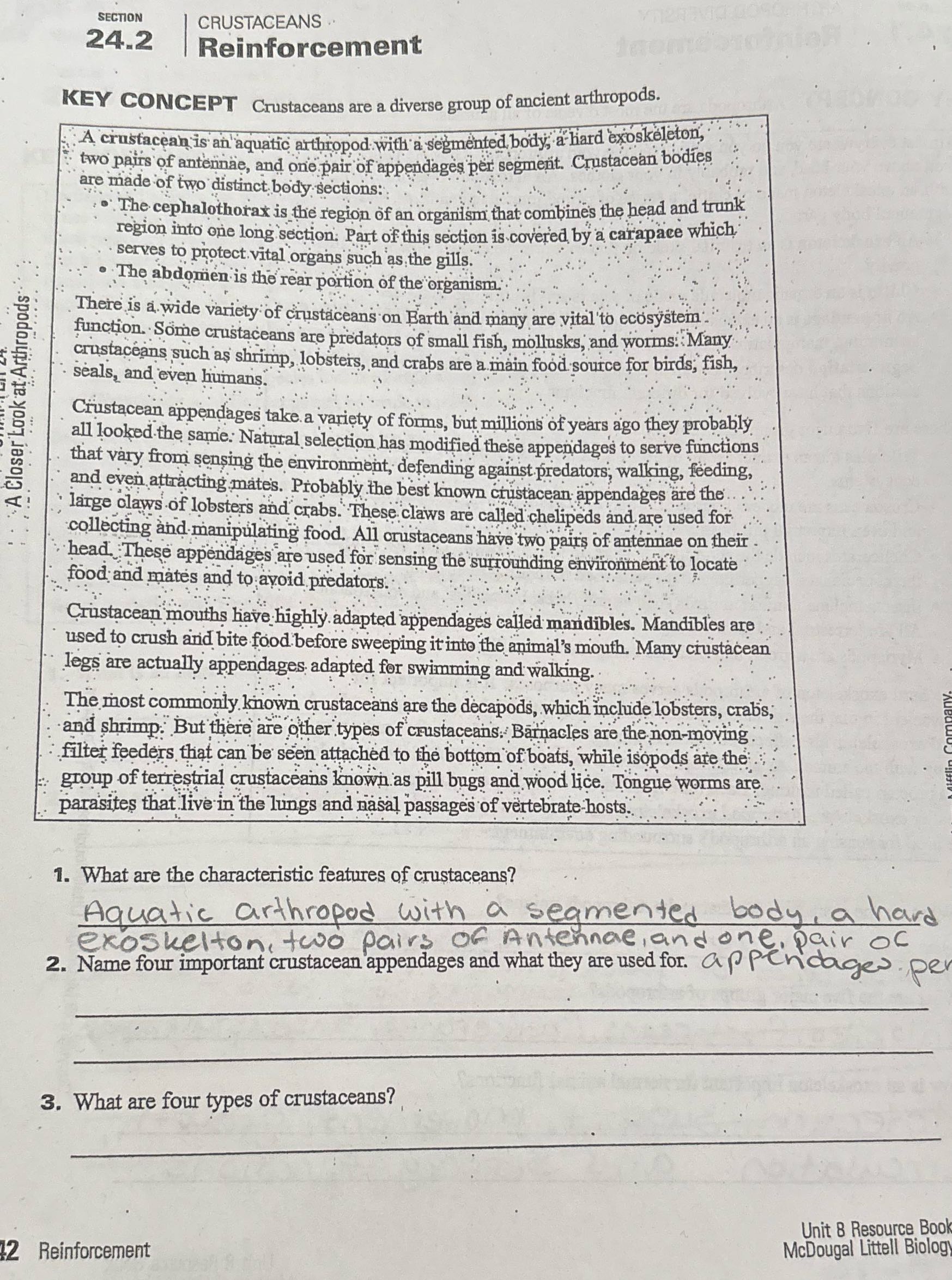 Answer SECTION CRUSTACEANS .. 24.2 Reinforcement