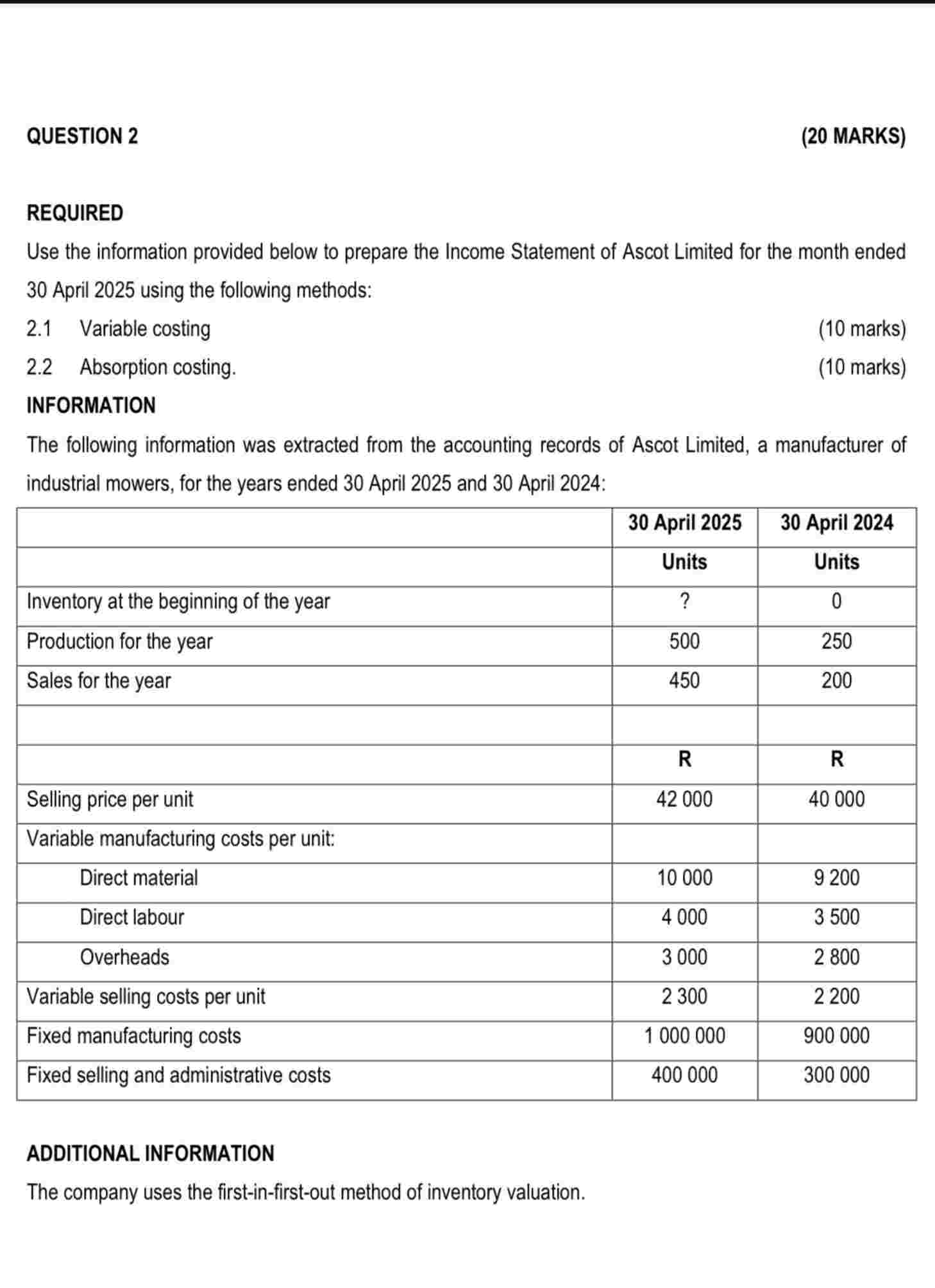 QUESTION 2 ( 2 0 MARKS ) REQUIRED Use the