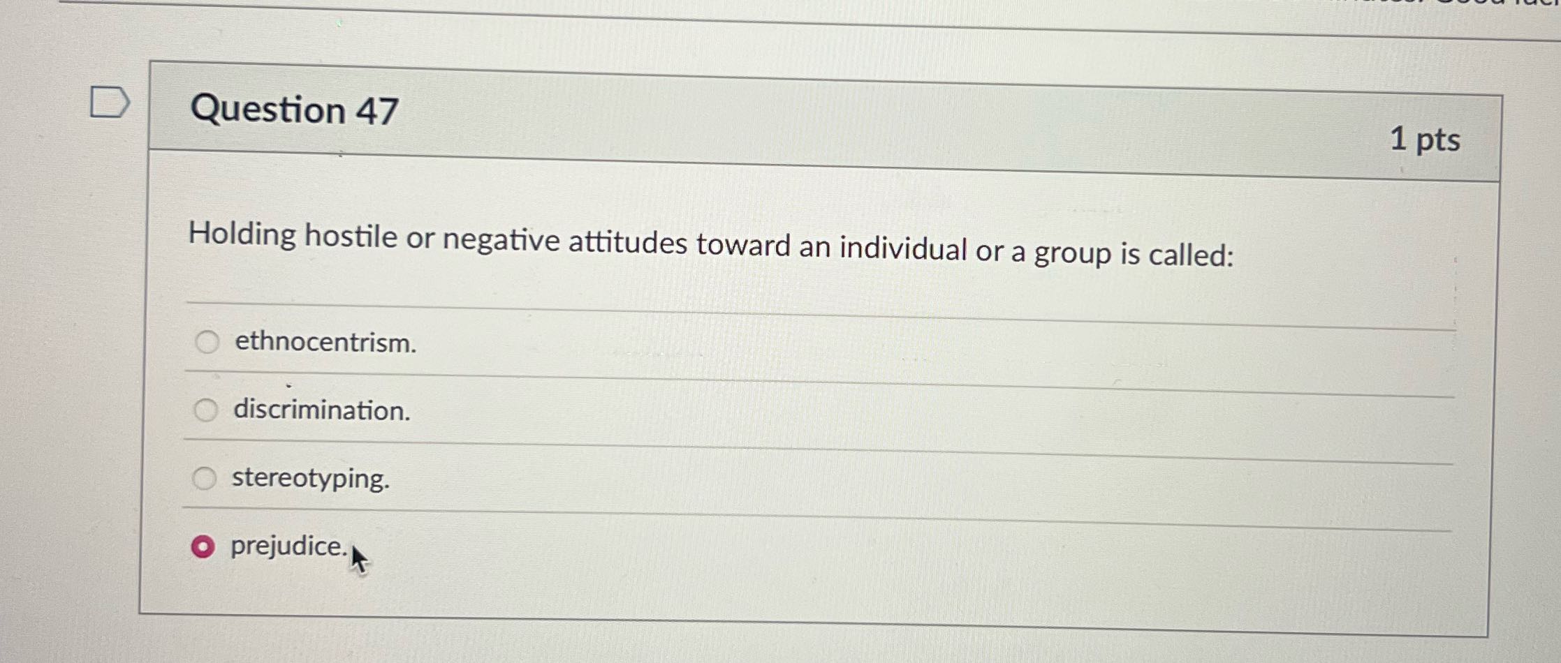 D Question 47 1 pts Holding hostile or negative