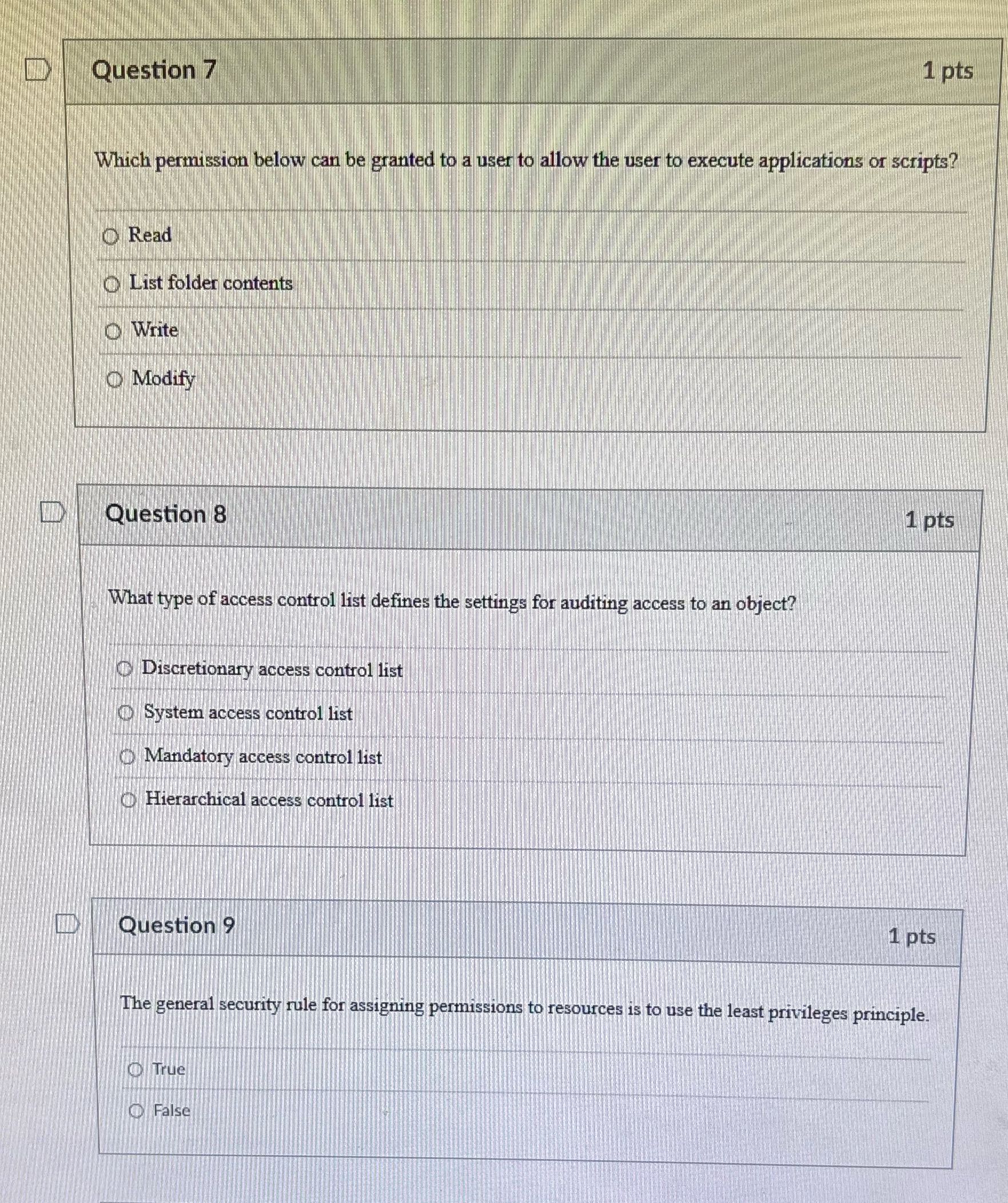 Question 7 1 pts Which permission below can be