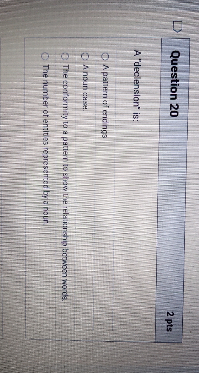 Question 20 2 pts A "declension" is: A pattern of