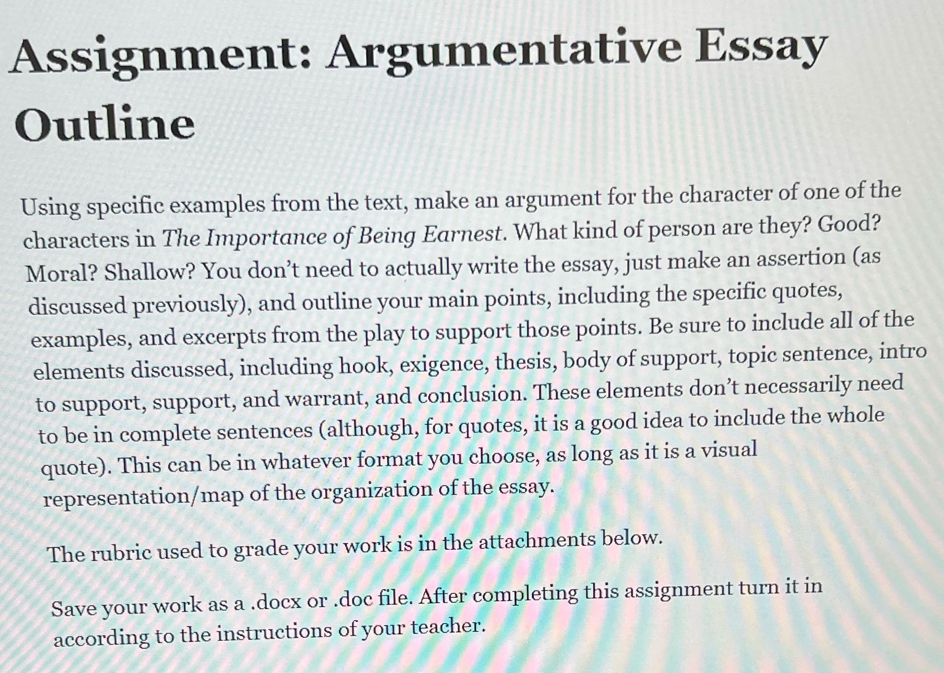 Assignment: Argumentative Essay Outline Using