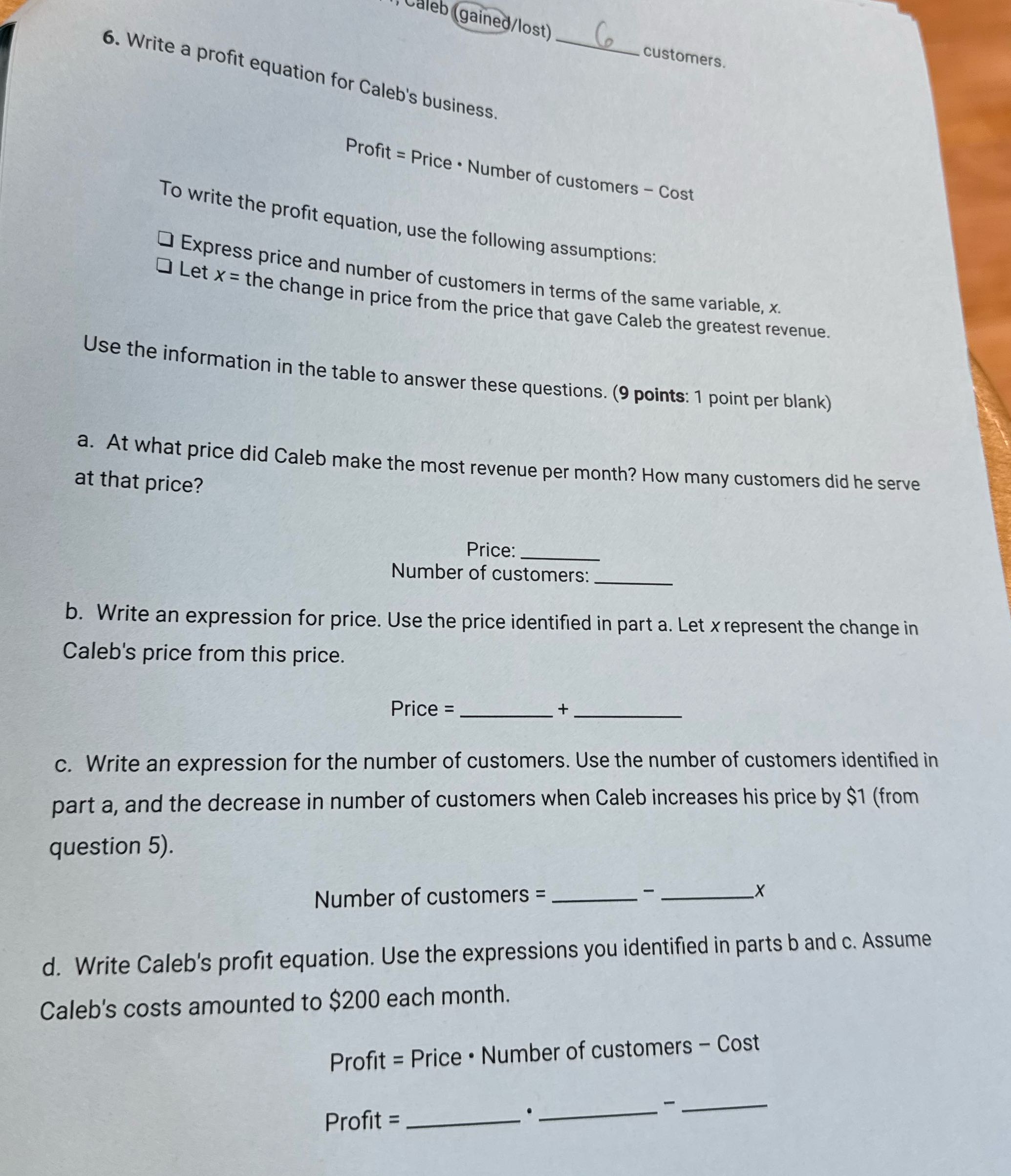 aleb (gained/lost) _ customers. 6. Write a profit