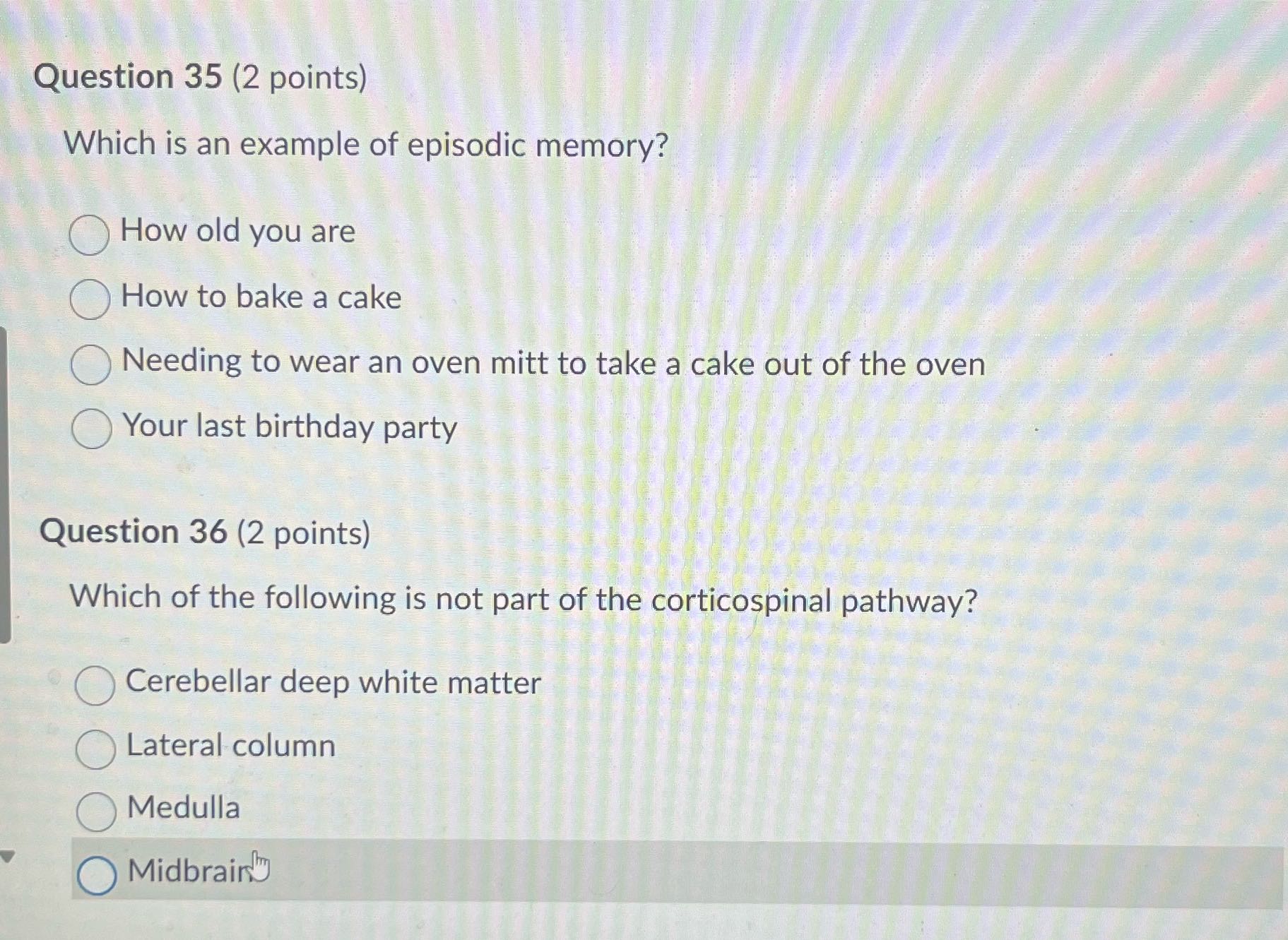 Question 35 (2 points) Which is an example of