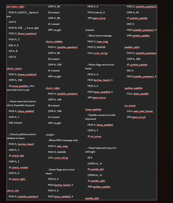CMP A, 40 MOV A, D MOV A, [paddle position] MOV