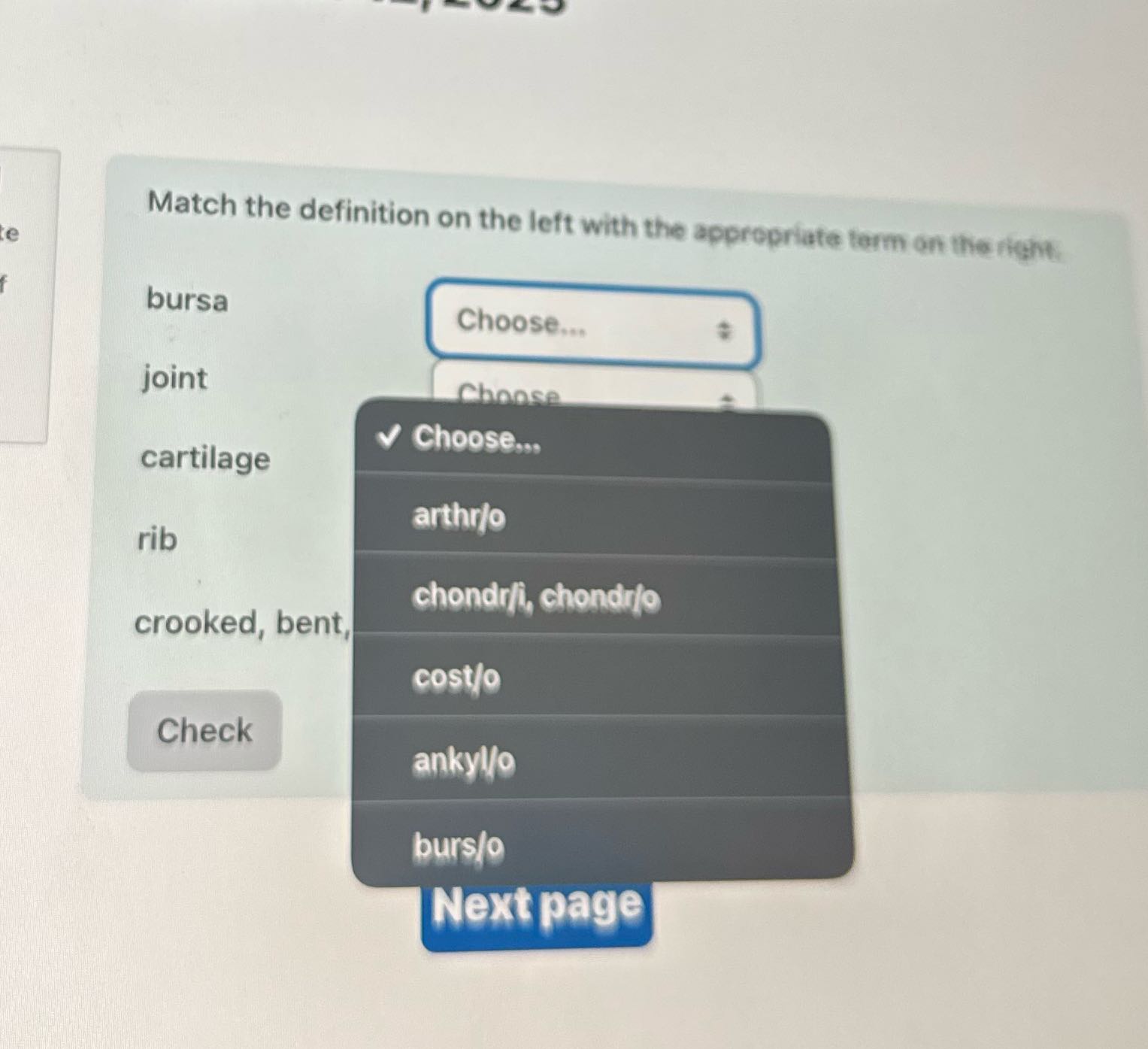 Match the definition on the left with the