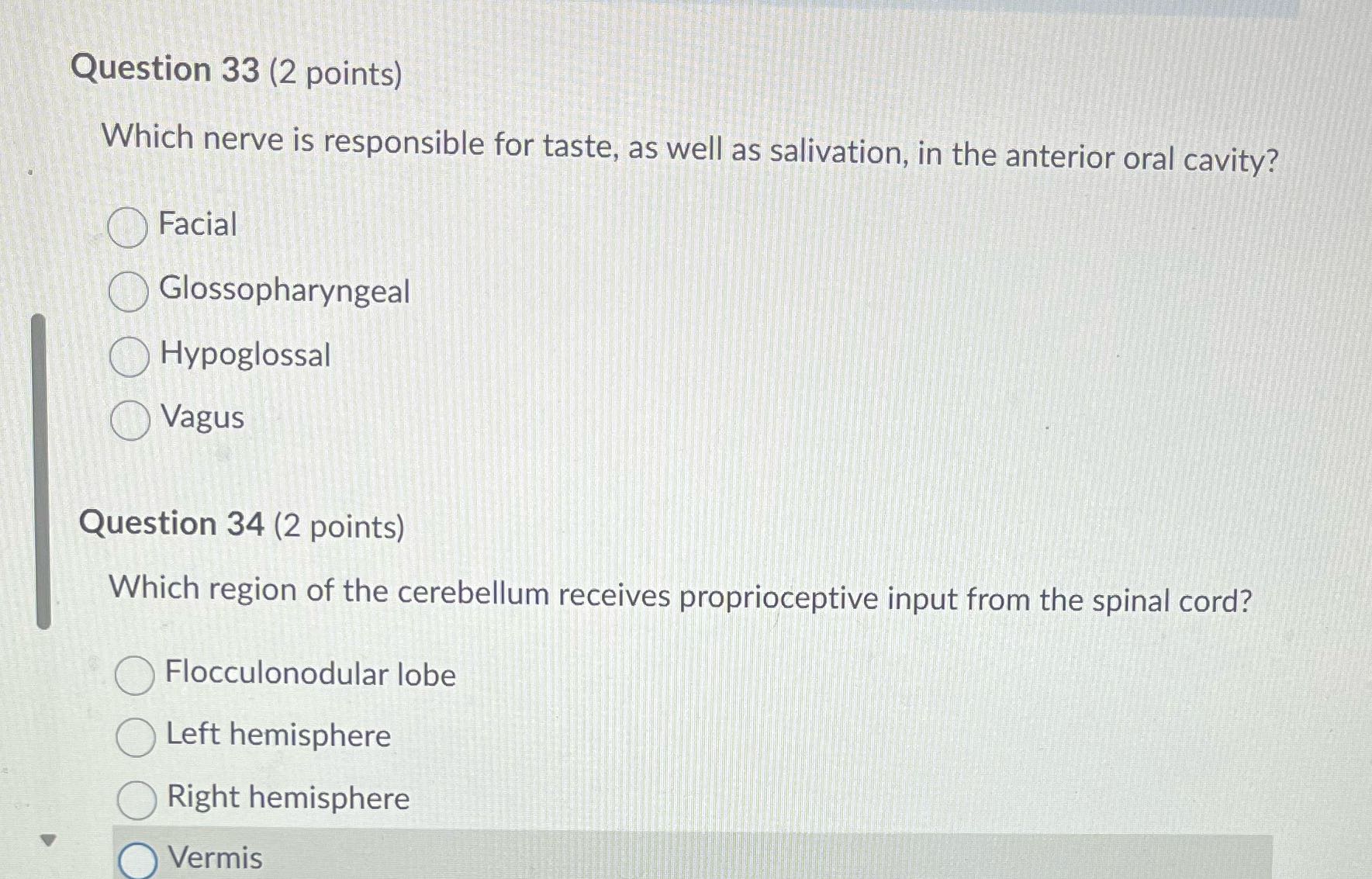 Question 33 (2 points) Which nerve is responsible