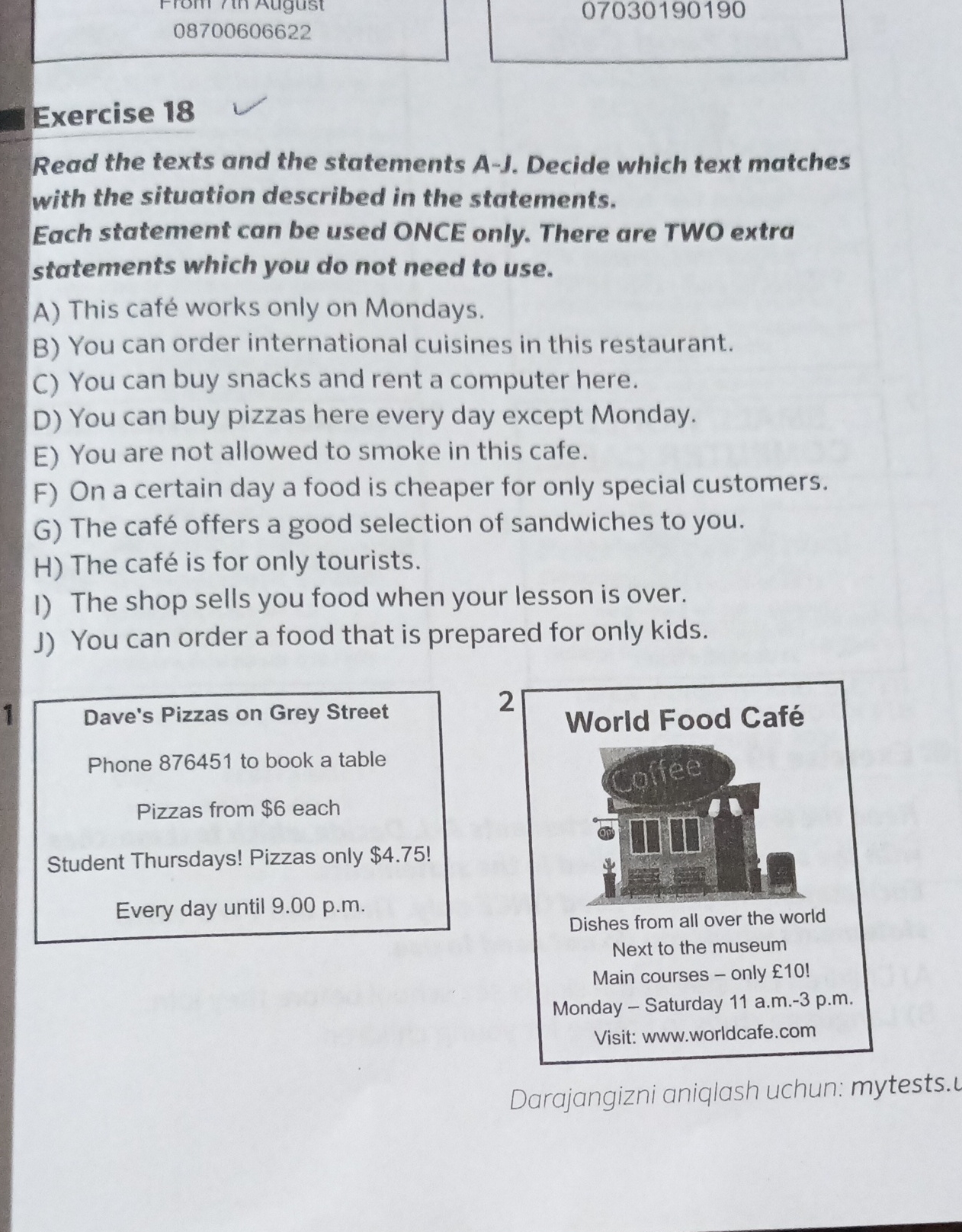 igust 08700606622 07030190190 Exercise 18 Read