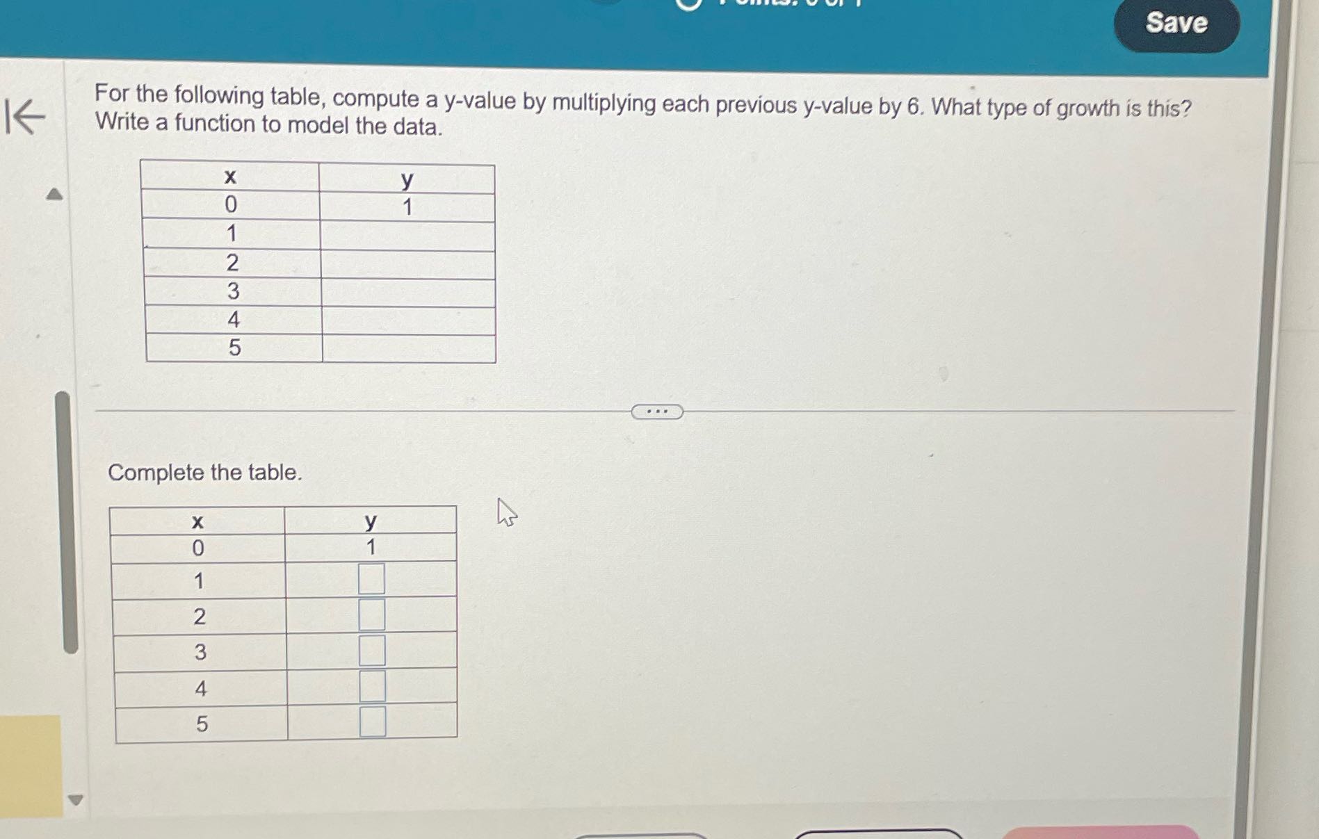 Save K For the following table, compute a y-value