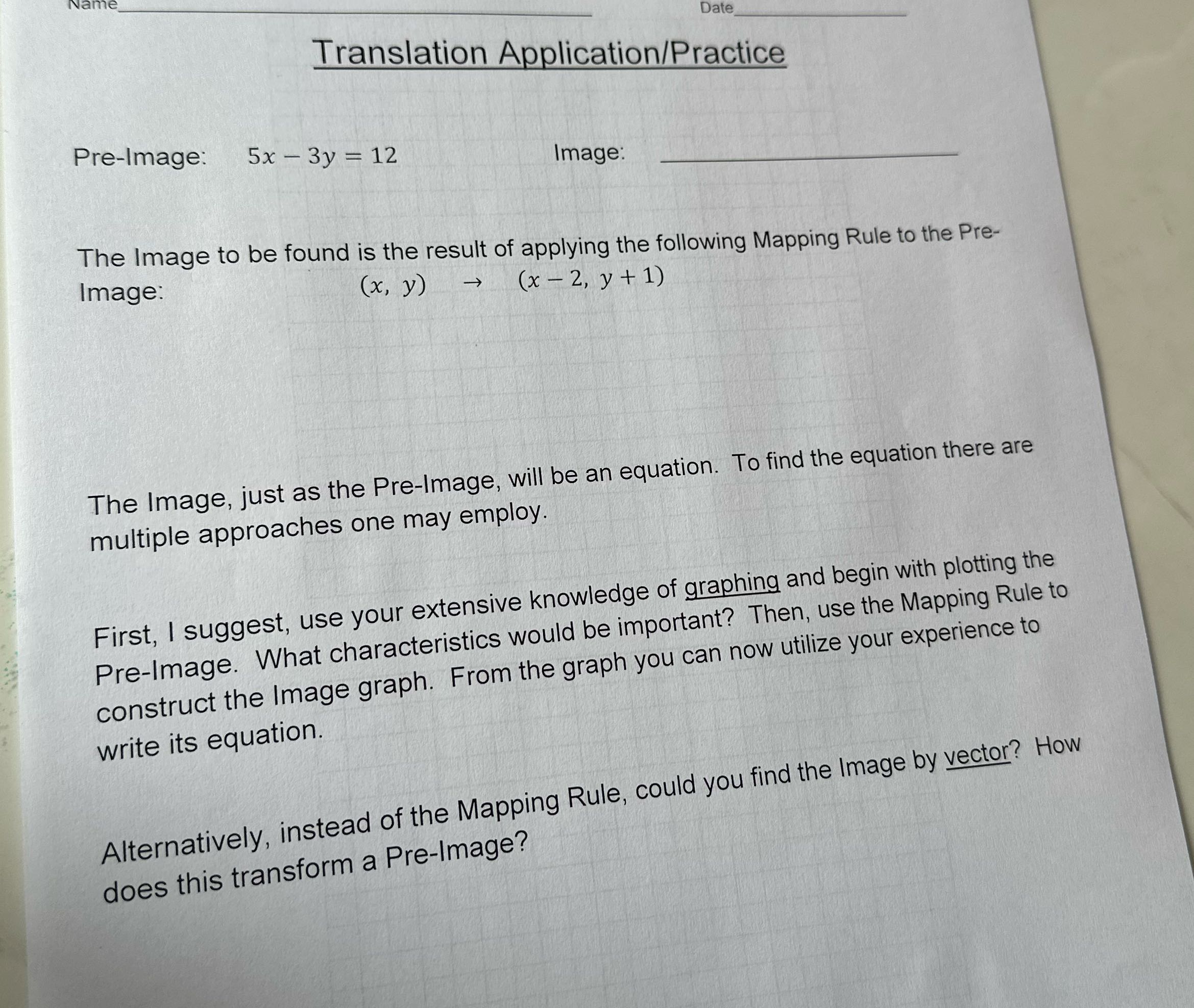  Date Translation Application/Practice Pre-Image: 5x - 3y = 12 Image: The