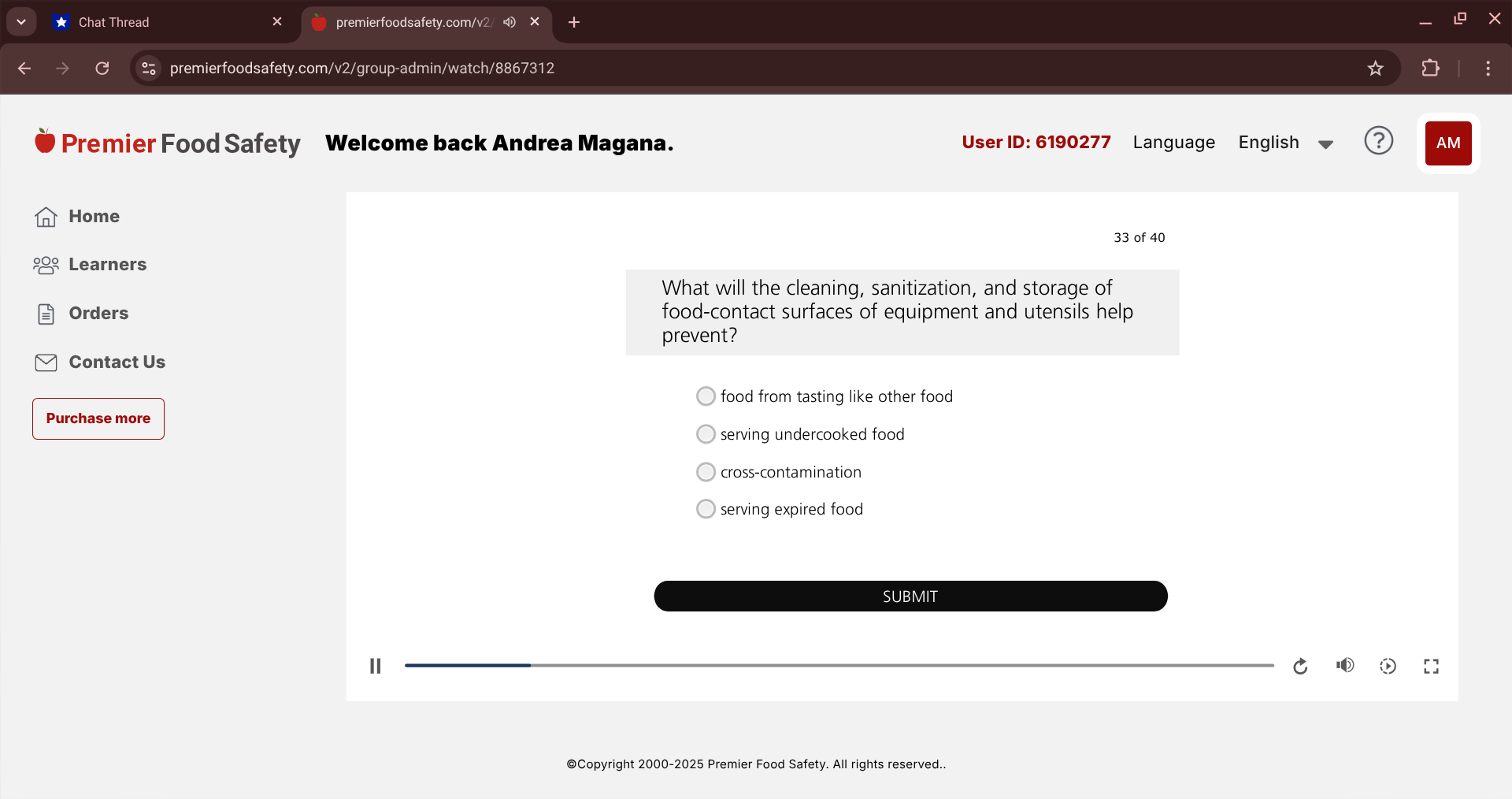 answer *Chat Thread X premierfoodsafety.com/v2/