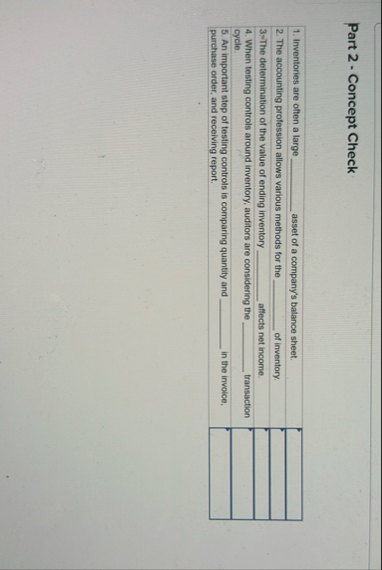 Part 2 - Concept Check Inventories are often a