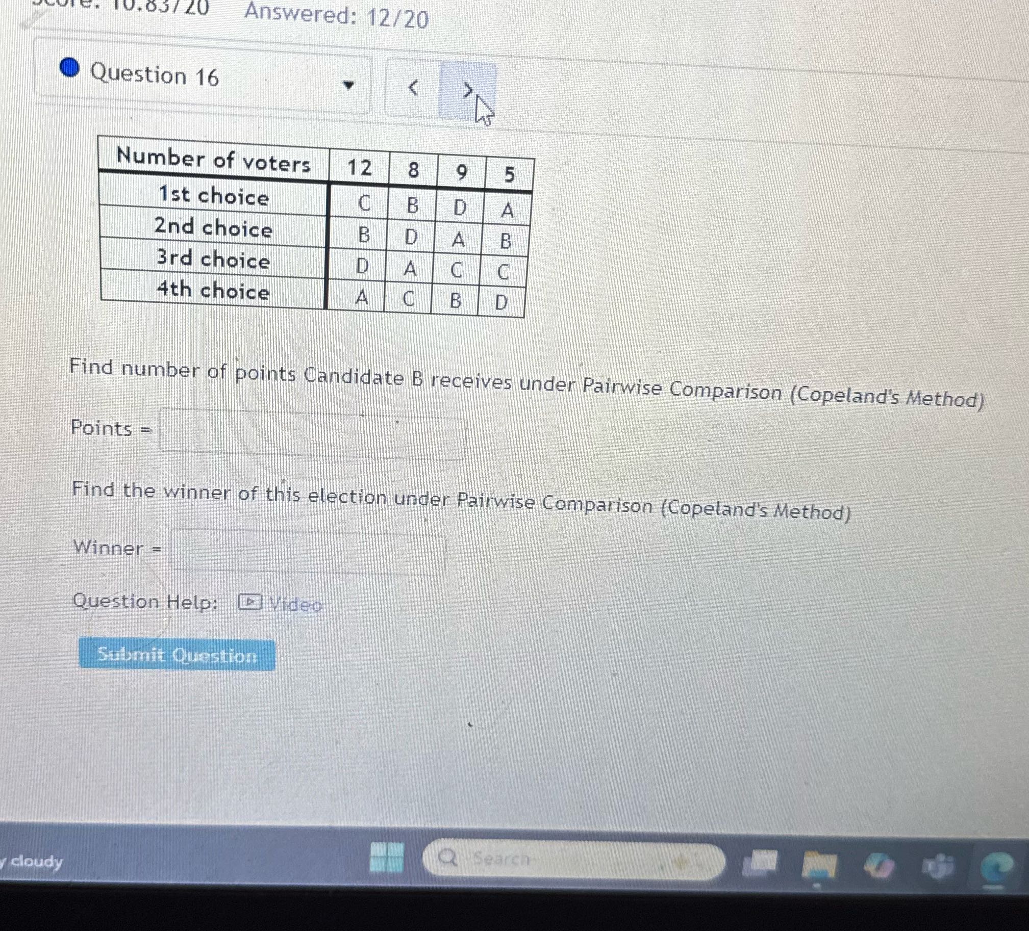 10.65/ 20 Answered: 12/20 Question 16 Number of