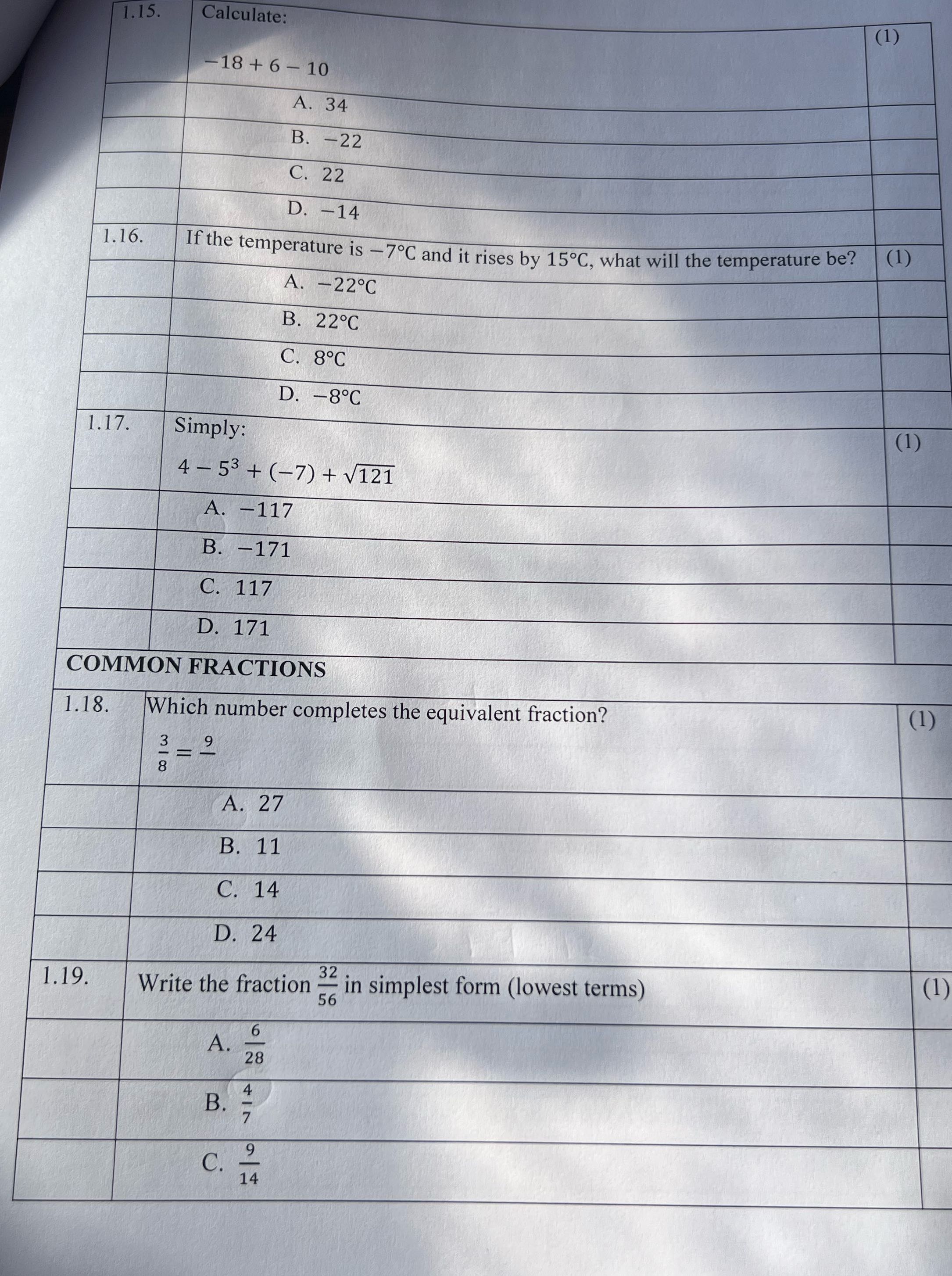 1. 15. Calculate: (1) -18 + 6 - 10 A. 34 B. -22