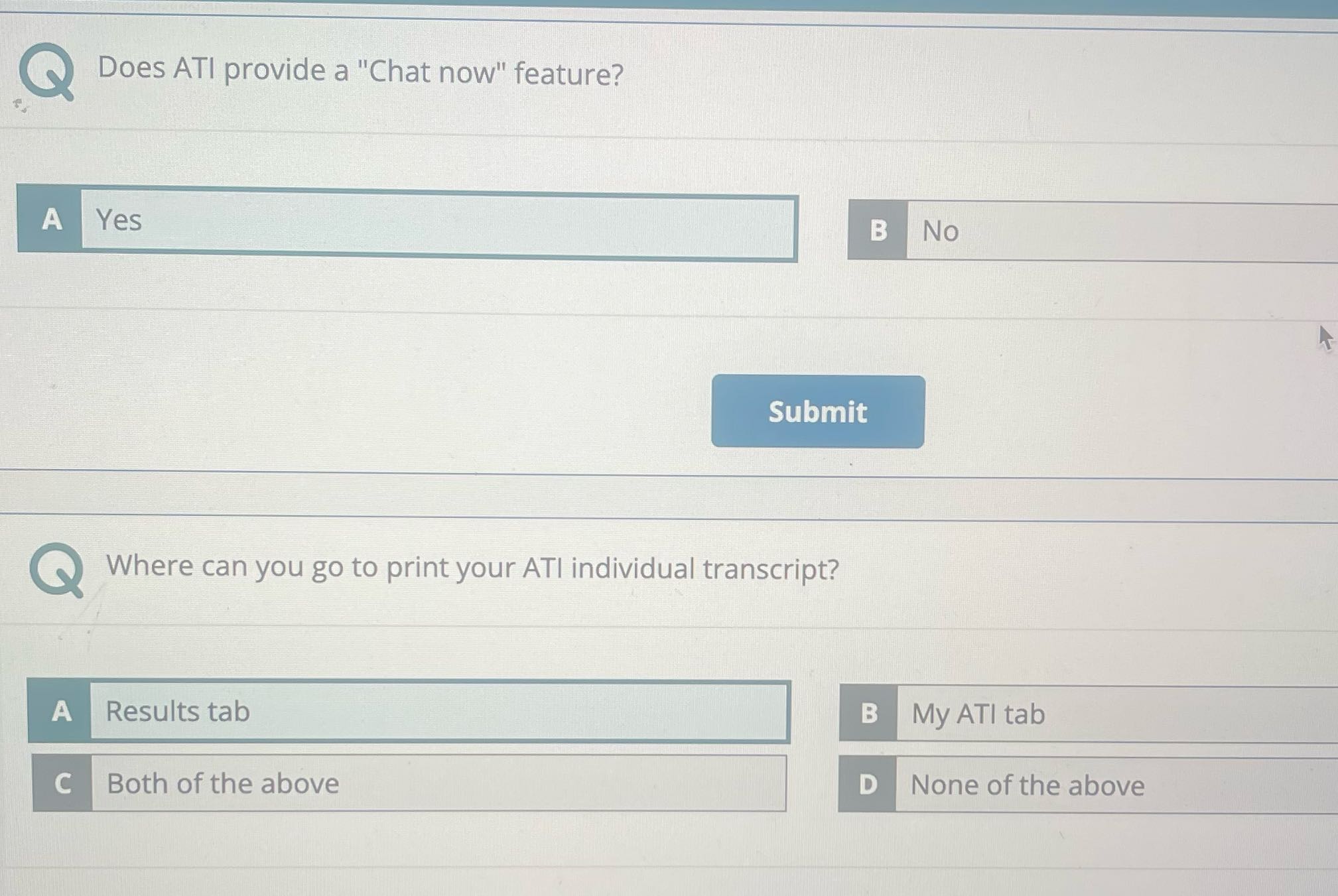 Does ATI provide a "Chat now" feature? A Yes B No
