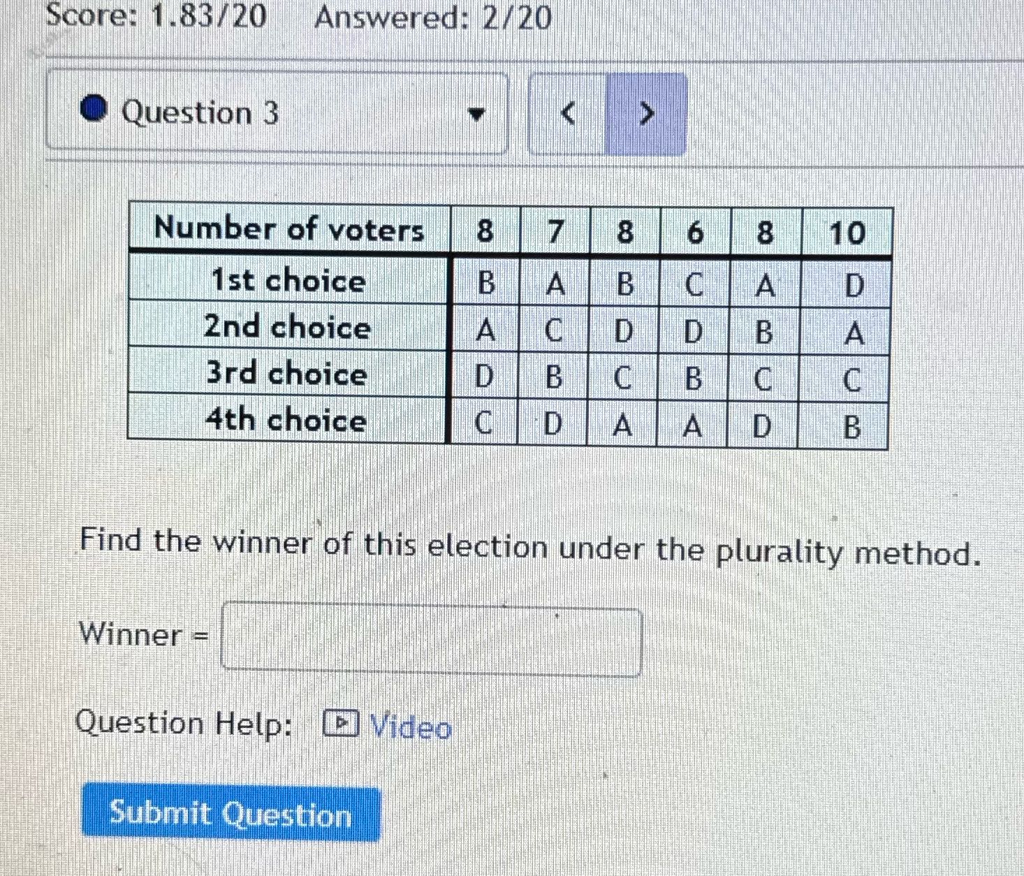 Score: 1.83/20 Answered: 2/20 Question 3 Number