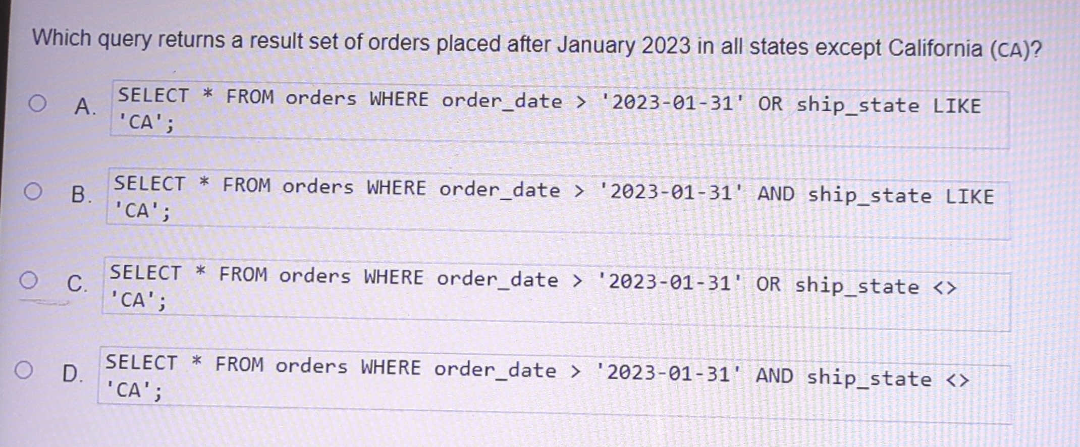 Which query returns a result set of orders placed