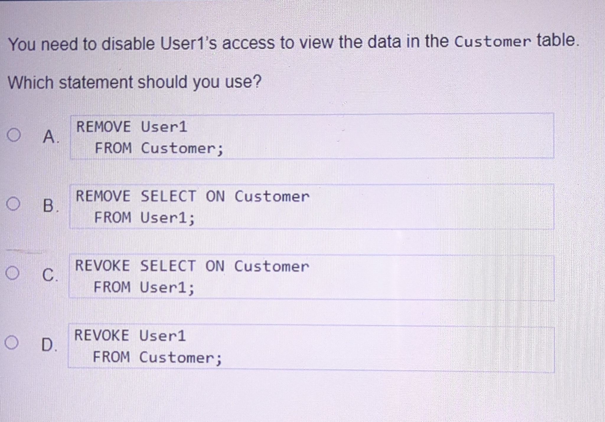 You need to disable User1's access to view