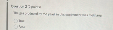 Question 2 ( 2 points ) The gas produced by the